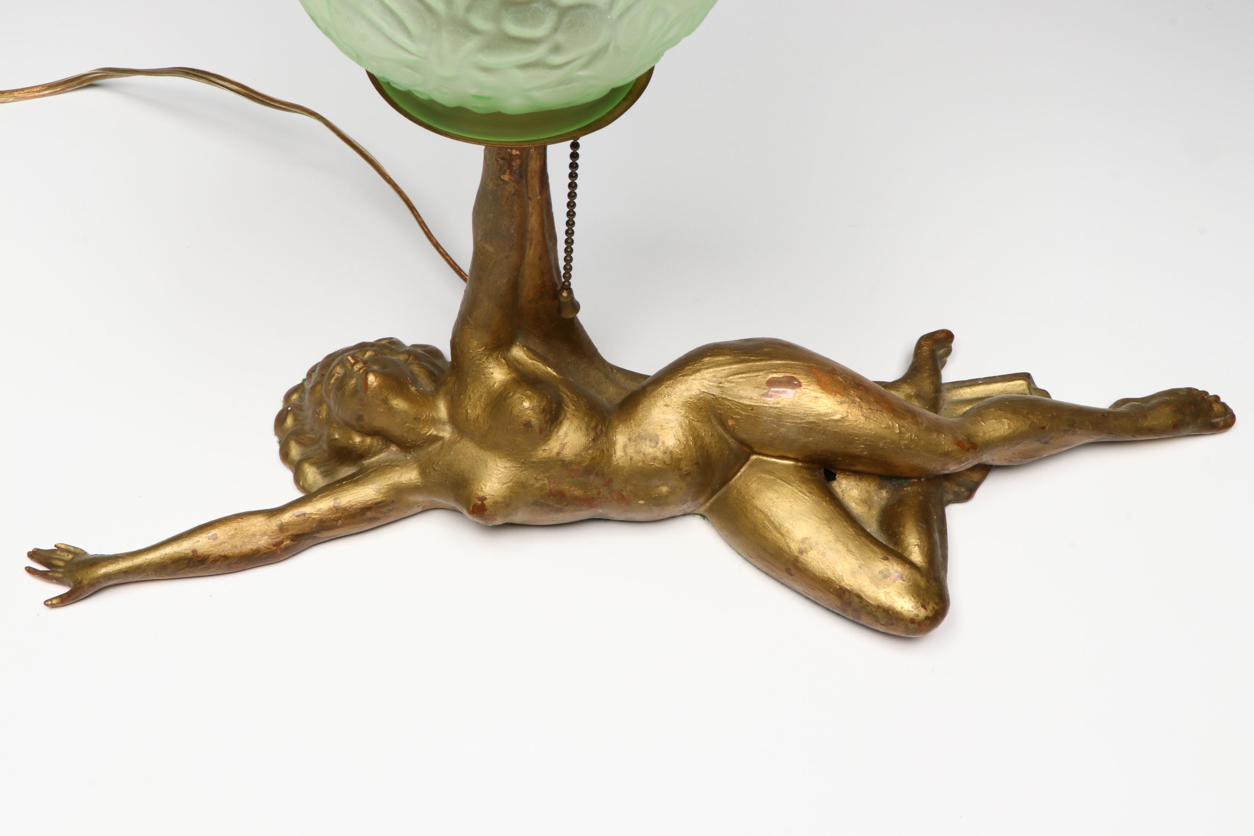 Art Deco Reclining Nude Gilt Metal Lamp with Uranium Glass Shade