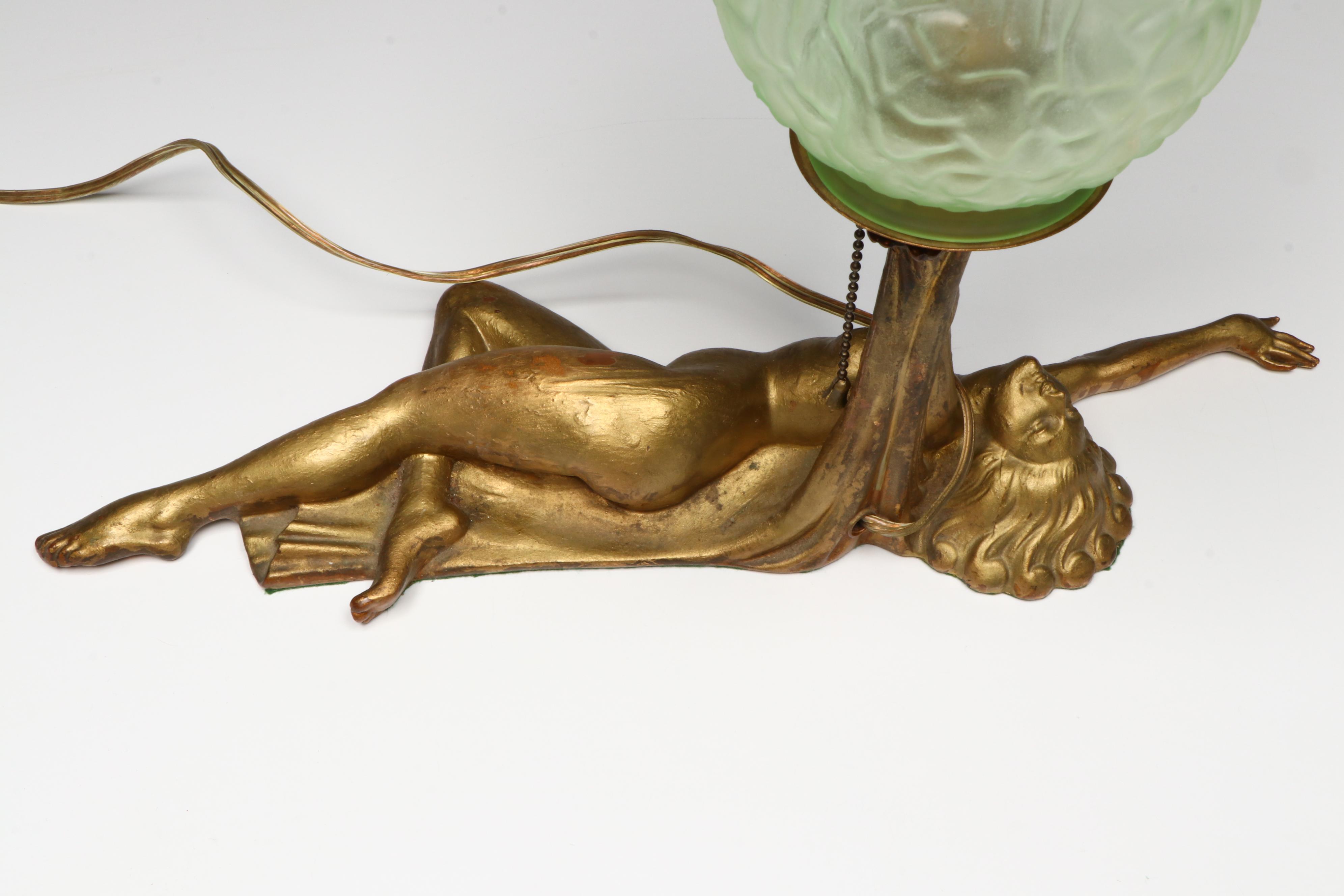 Art Deco Reclining Nude Gilt Metal Lamp with Uranium Glass Shade