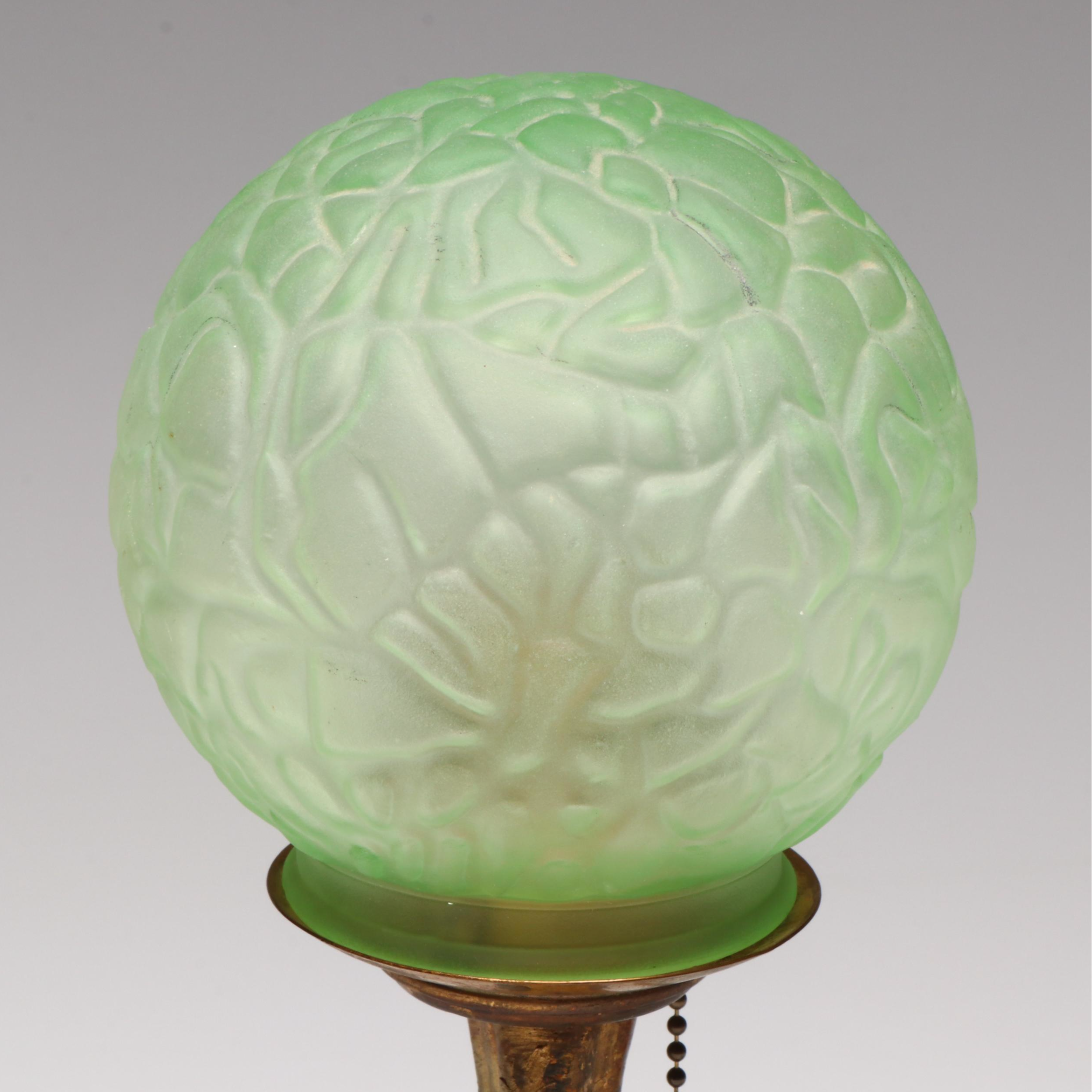 Art Deco Reclining Nude Gilt Metal Lamp with Uranium Glass Shade