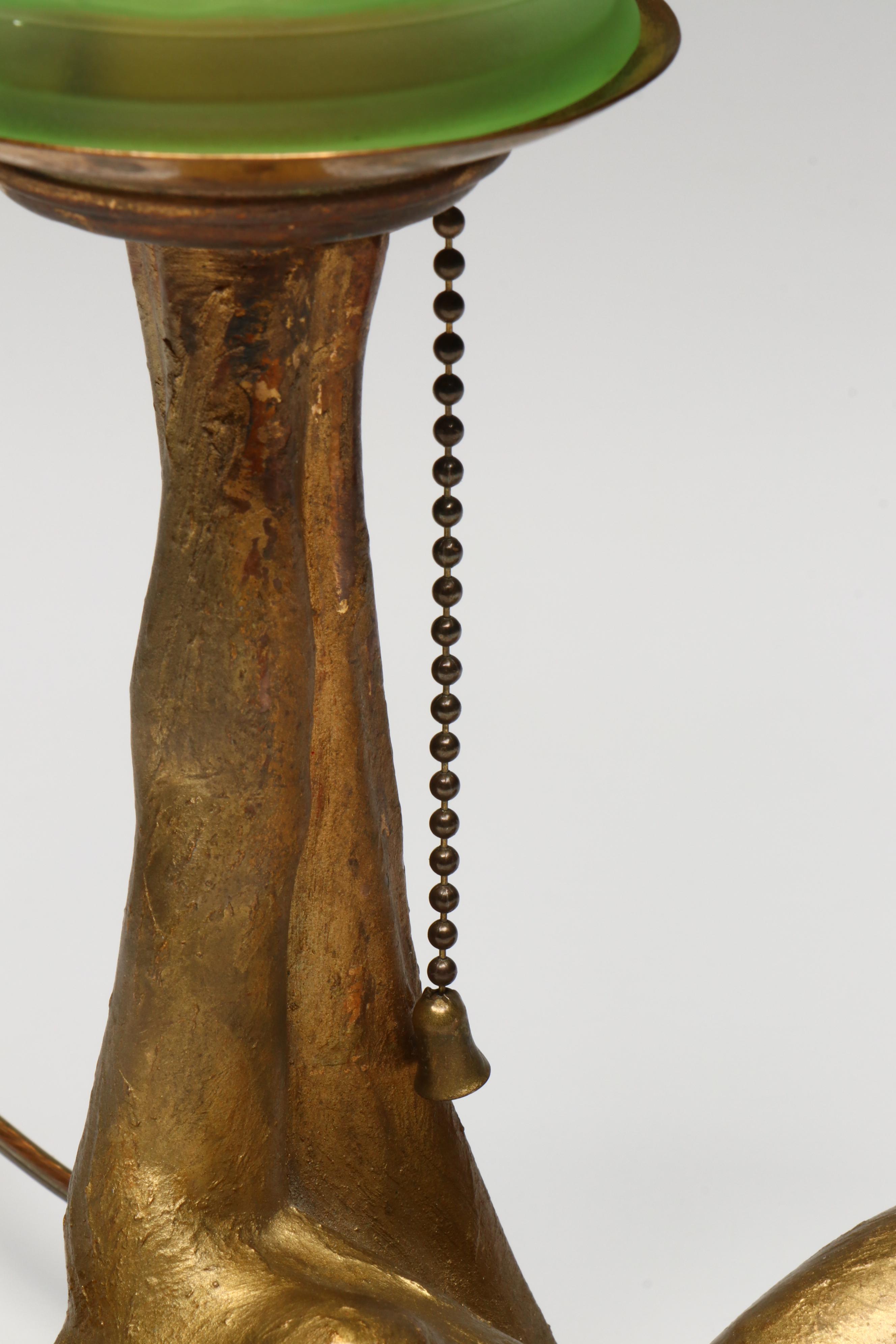 Art Deco Reclining Nude Gilt Metal Lamp with Uranium Glass Shade