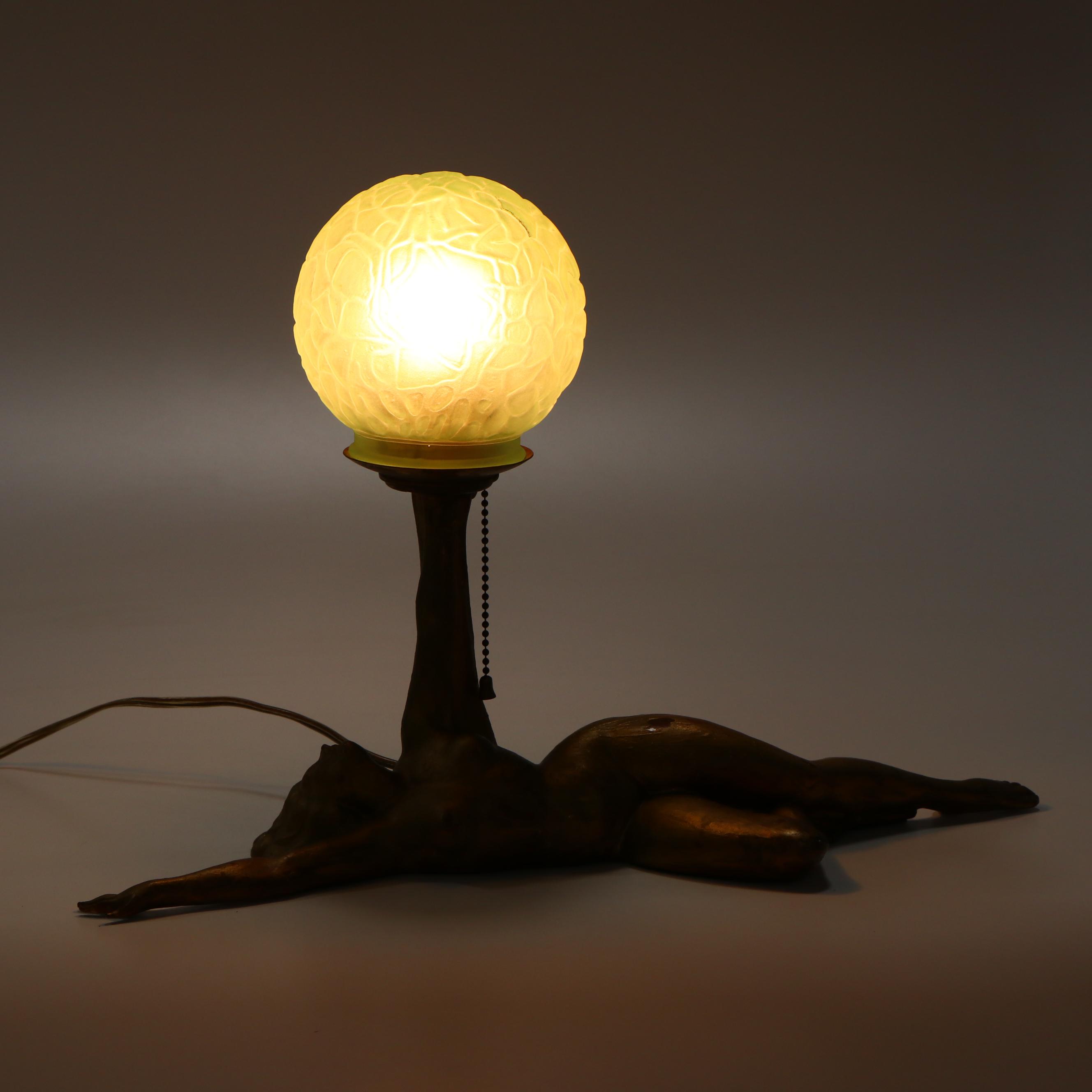 Art Deco Reclining Nude Gilt Metal Lamp with Uranium Glass Shade