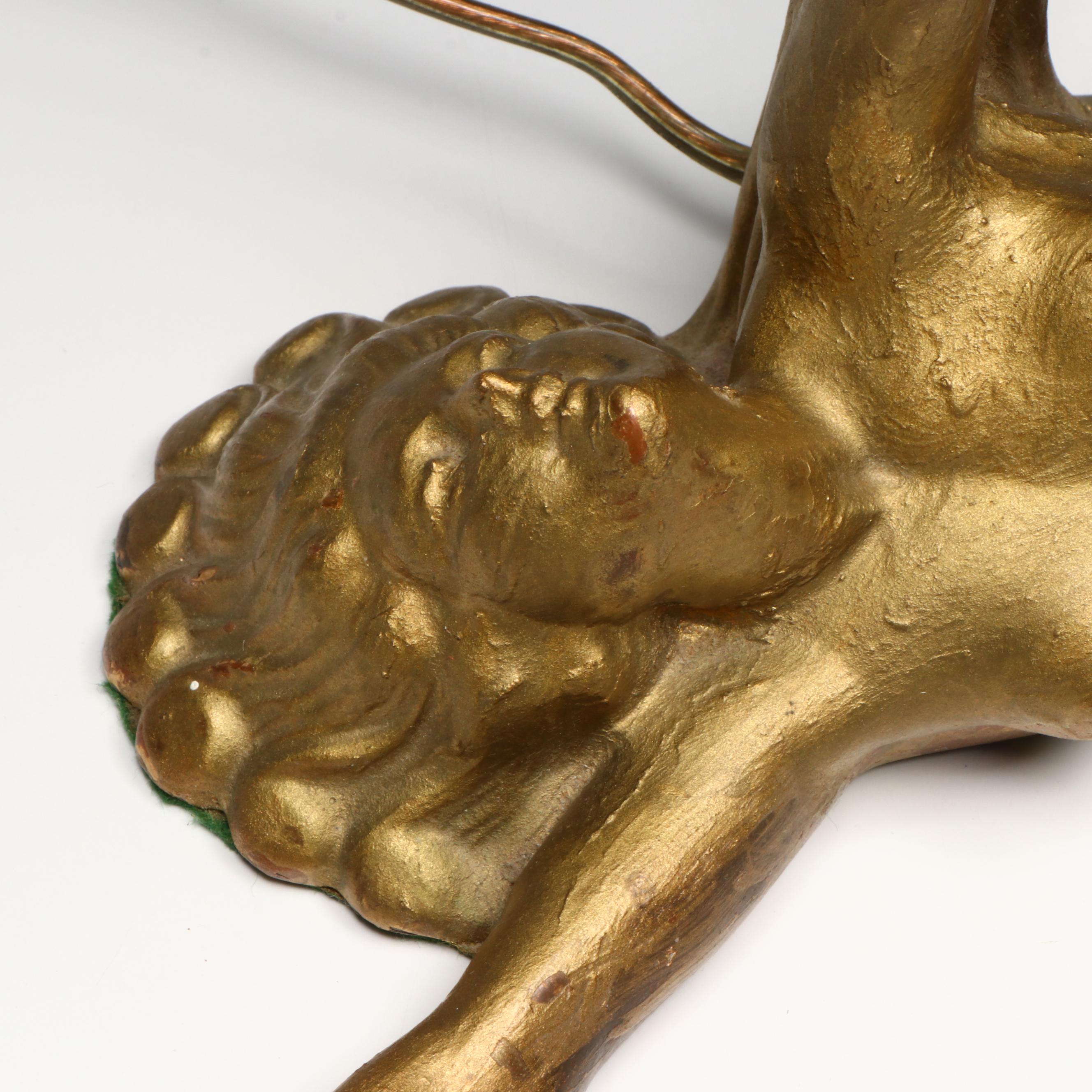 Art Deco Reclining Nude Gilt Metal Lamp with Uranium Glass Shade