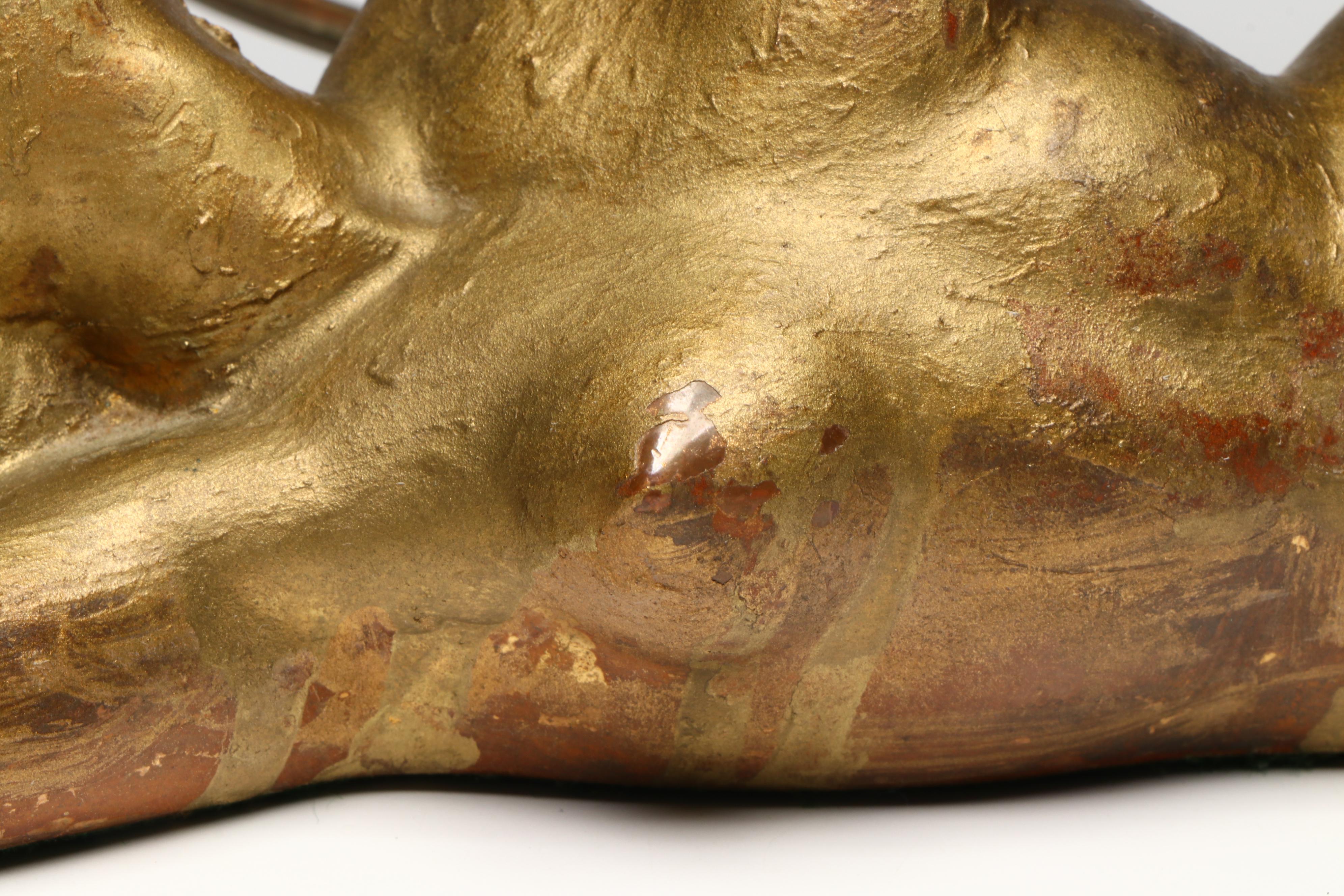 Art Deco Reclining Nude Gilt Metal Lamp with Uranium Glass Shade