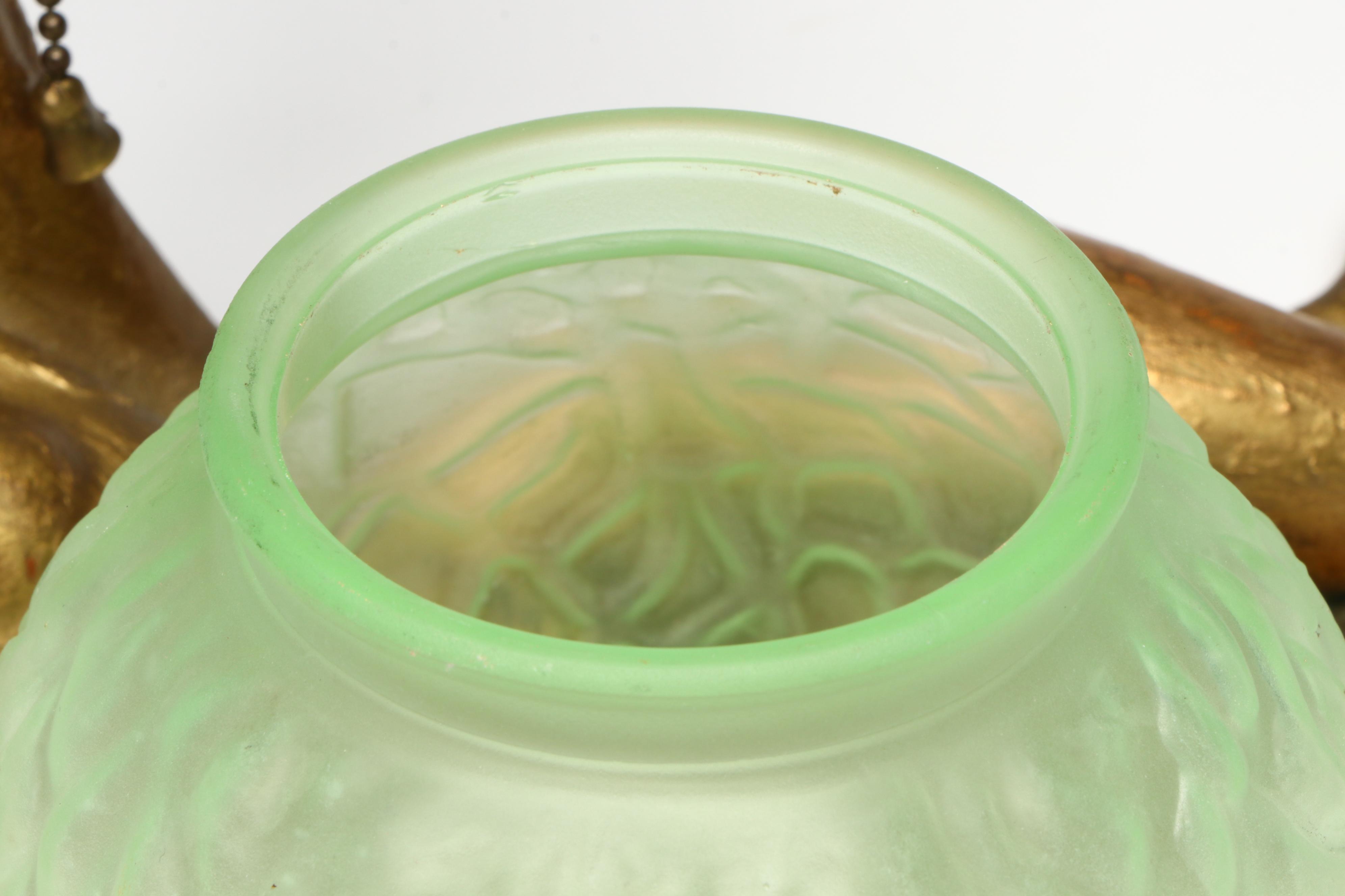 Art Deco Reclining Nude Gilt Metal Lamp with Uranium Glass Shade