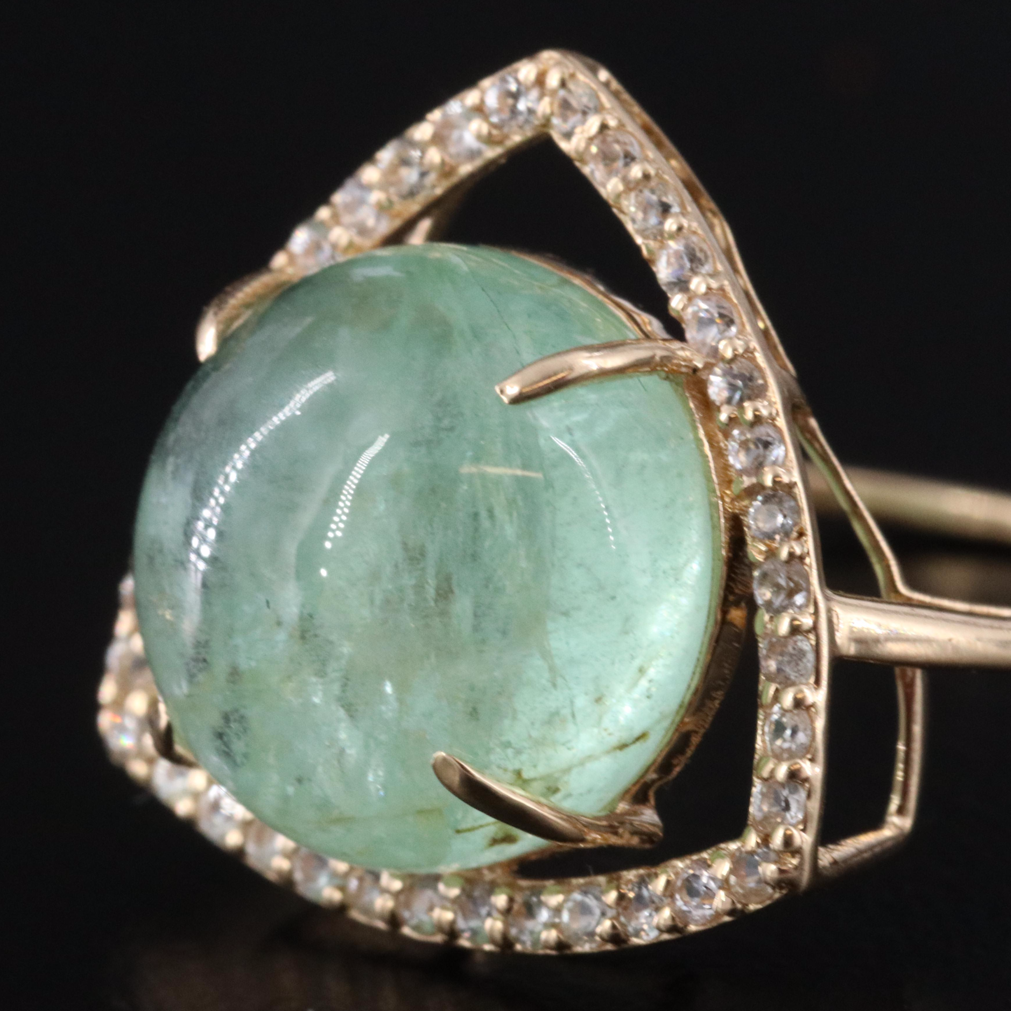 14K 6.54 CT Green Beryl and White Sapphire Ring