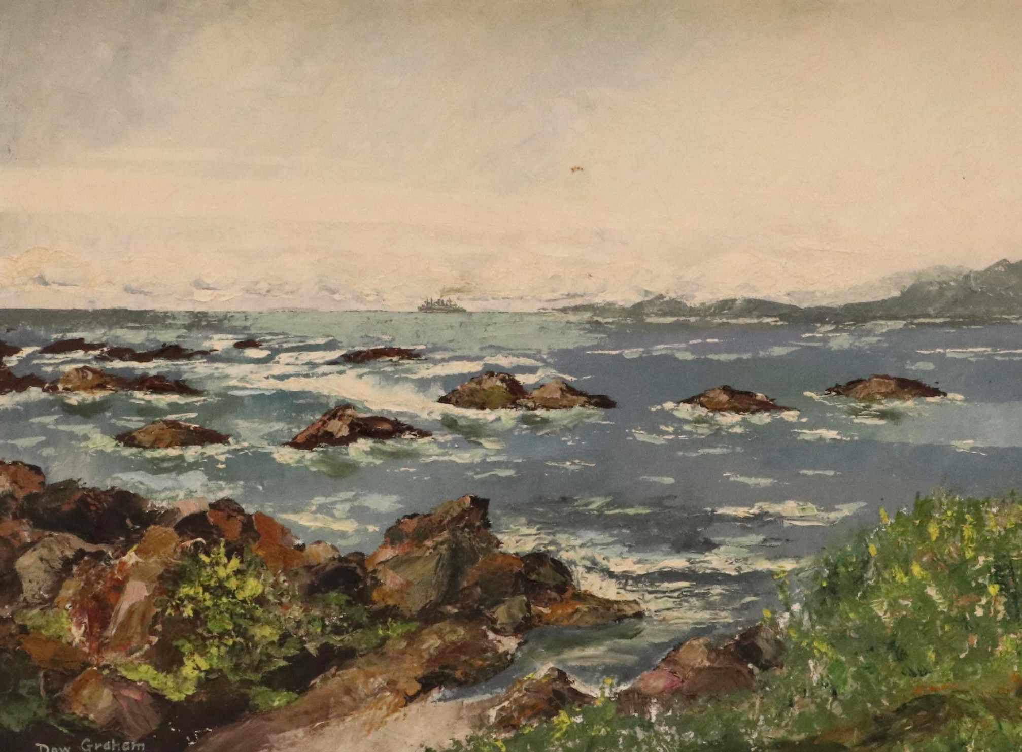 Impressionistic Oil Painting of Seaside Landscape, Mid-20th Century