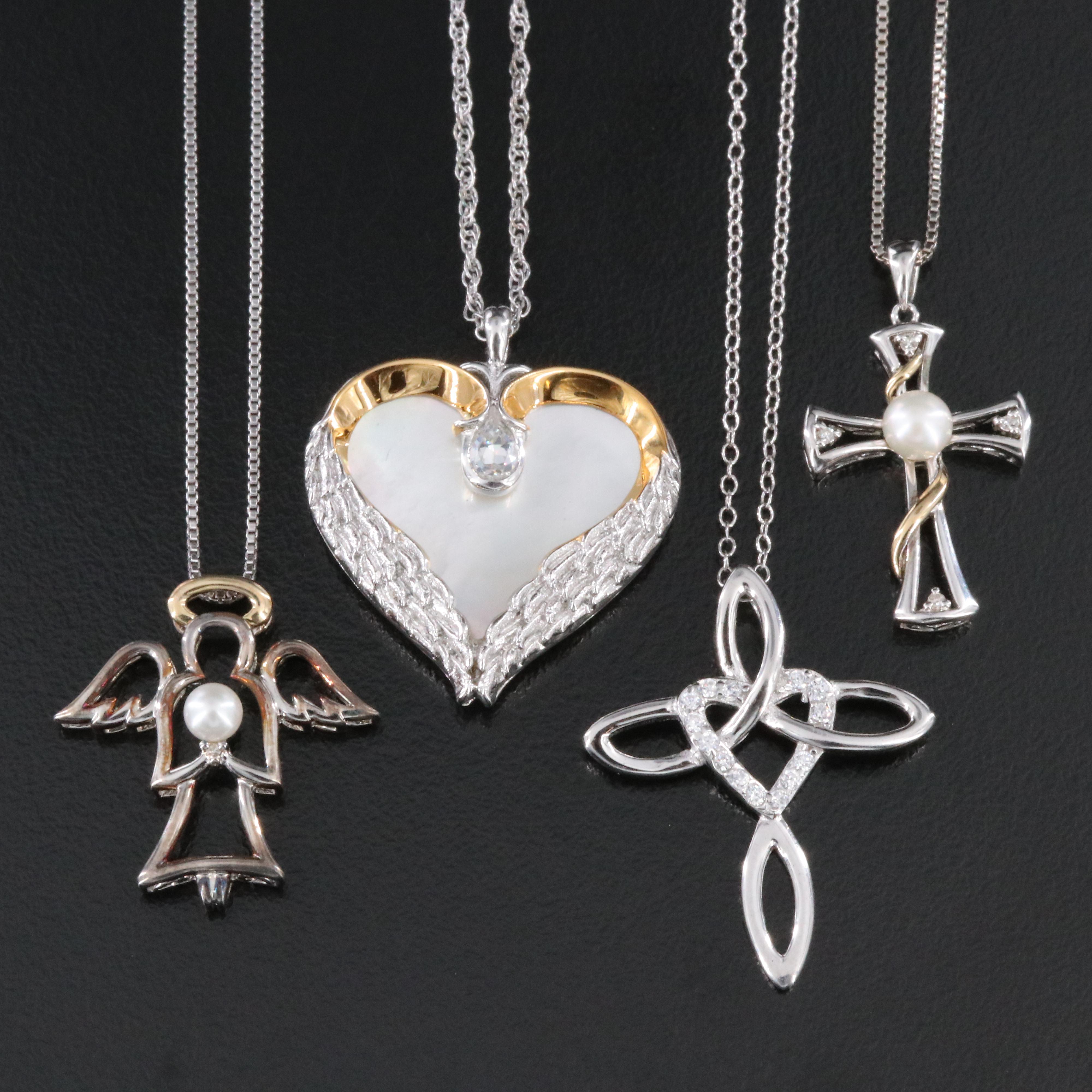 Bradford Exchange Sterling Heart and Cross Angel Pendant Necklaces with 14K