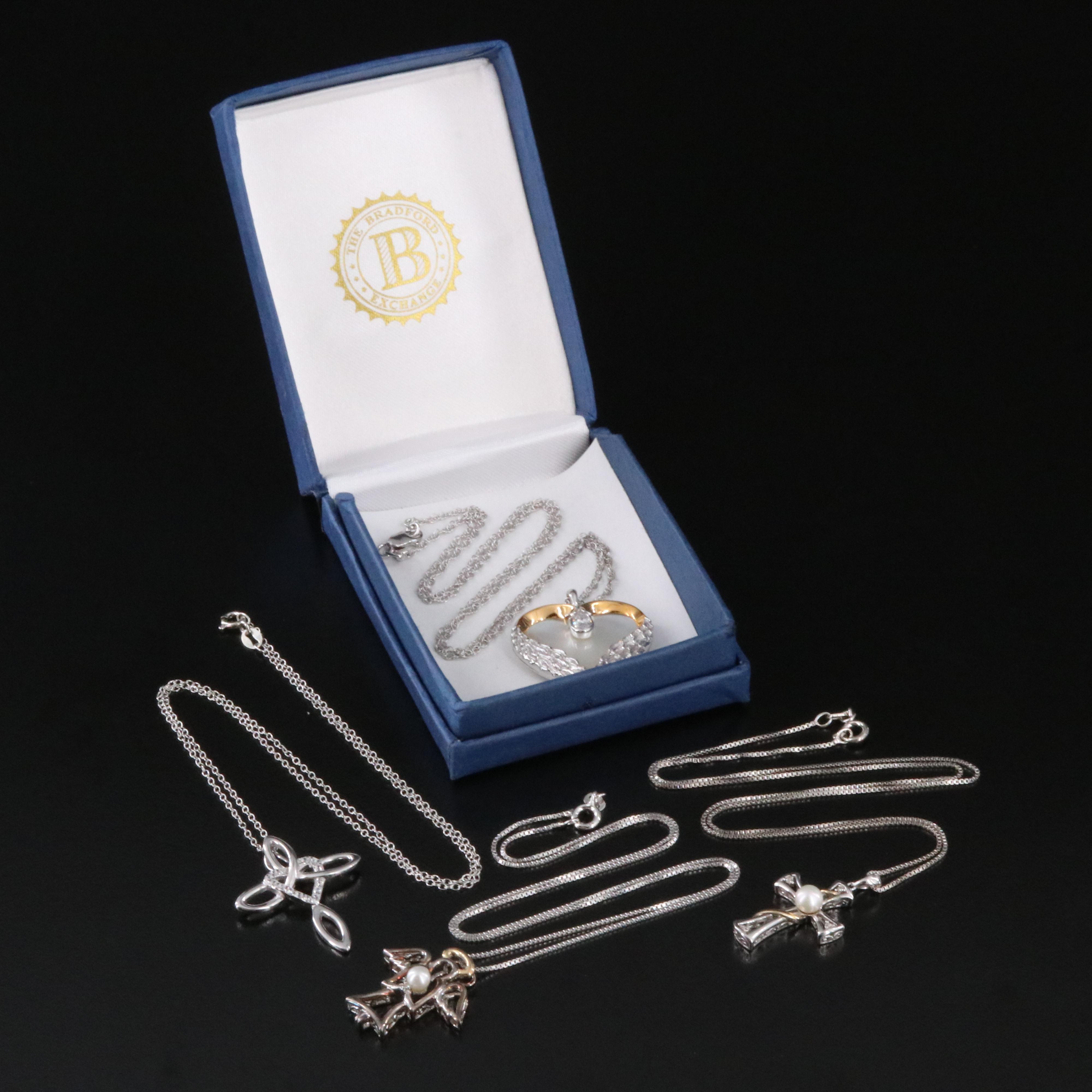 Bradford Exchange Sterling Heart and Cross Angel Pendant Necklaces with 14K
