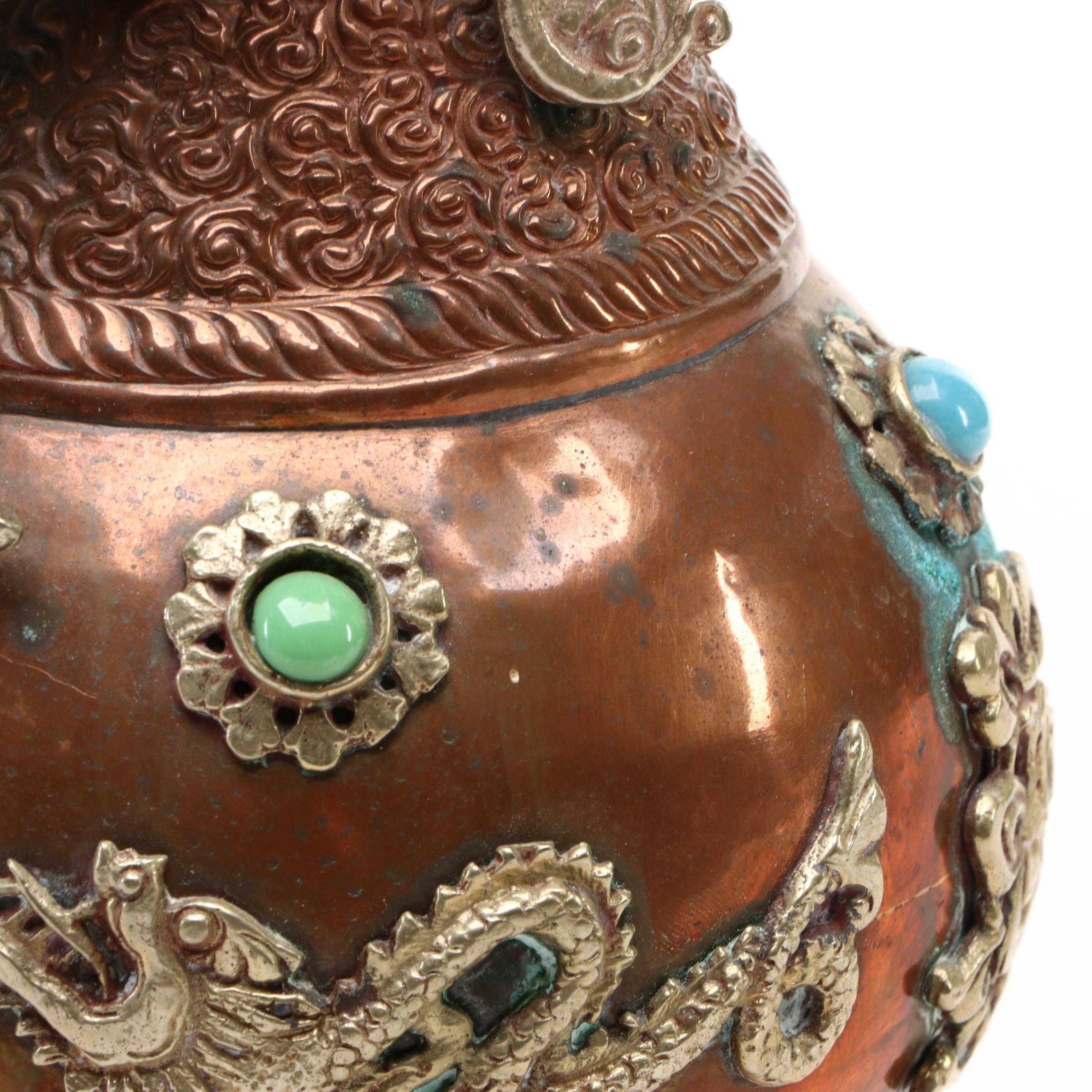 Handcrafted Copper Alloy and Gemstone Dragon Vase