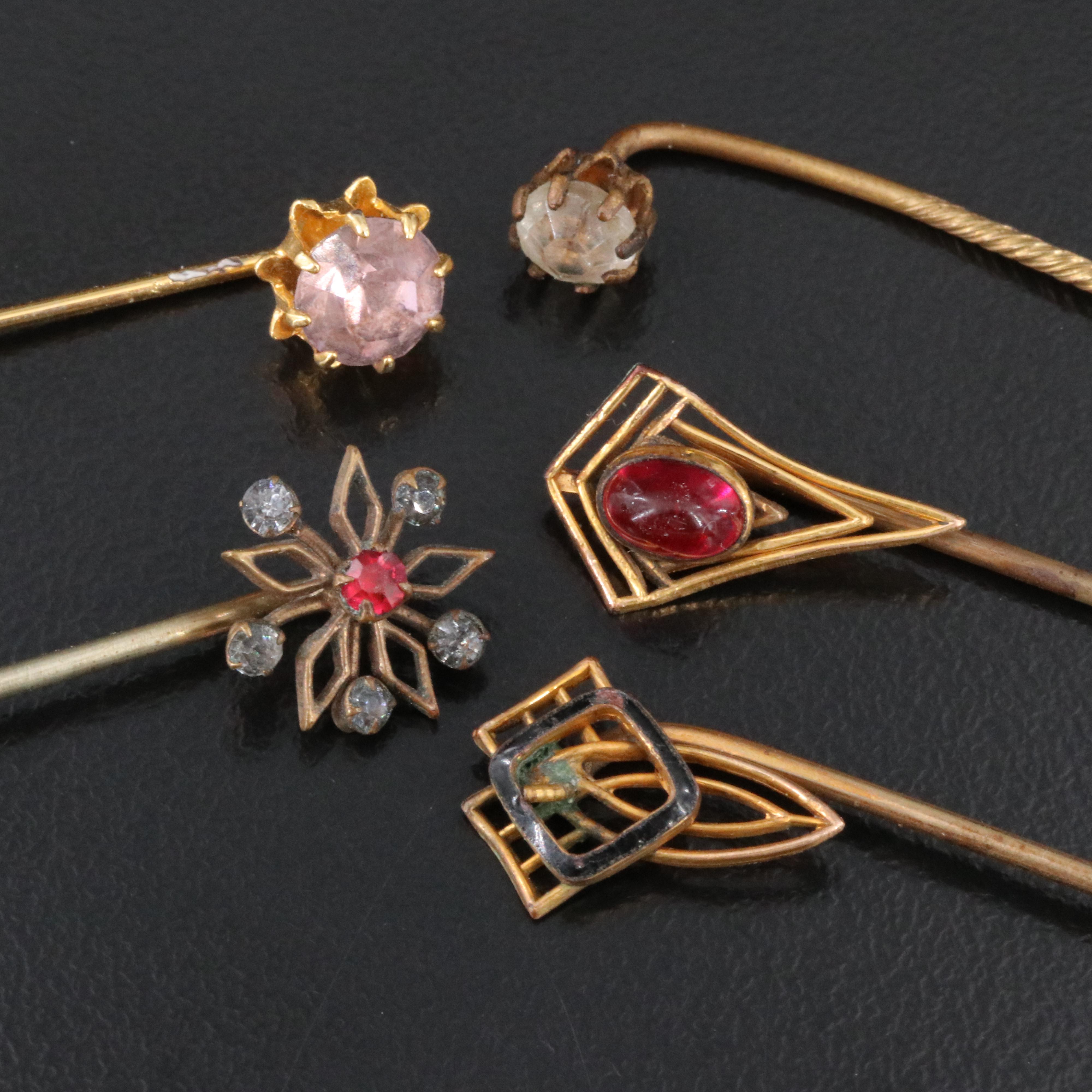 Antique Stickpin Selection Including Glass, Rhinestone and Enamel
