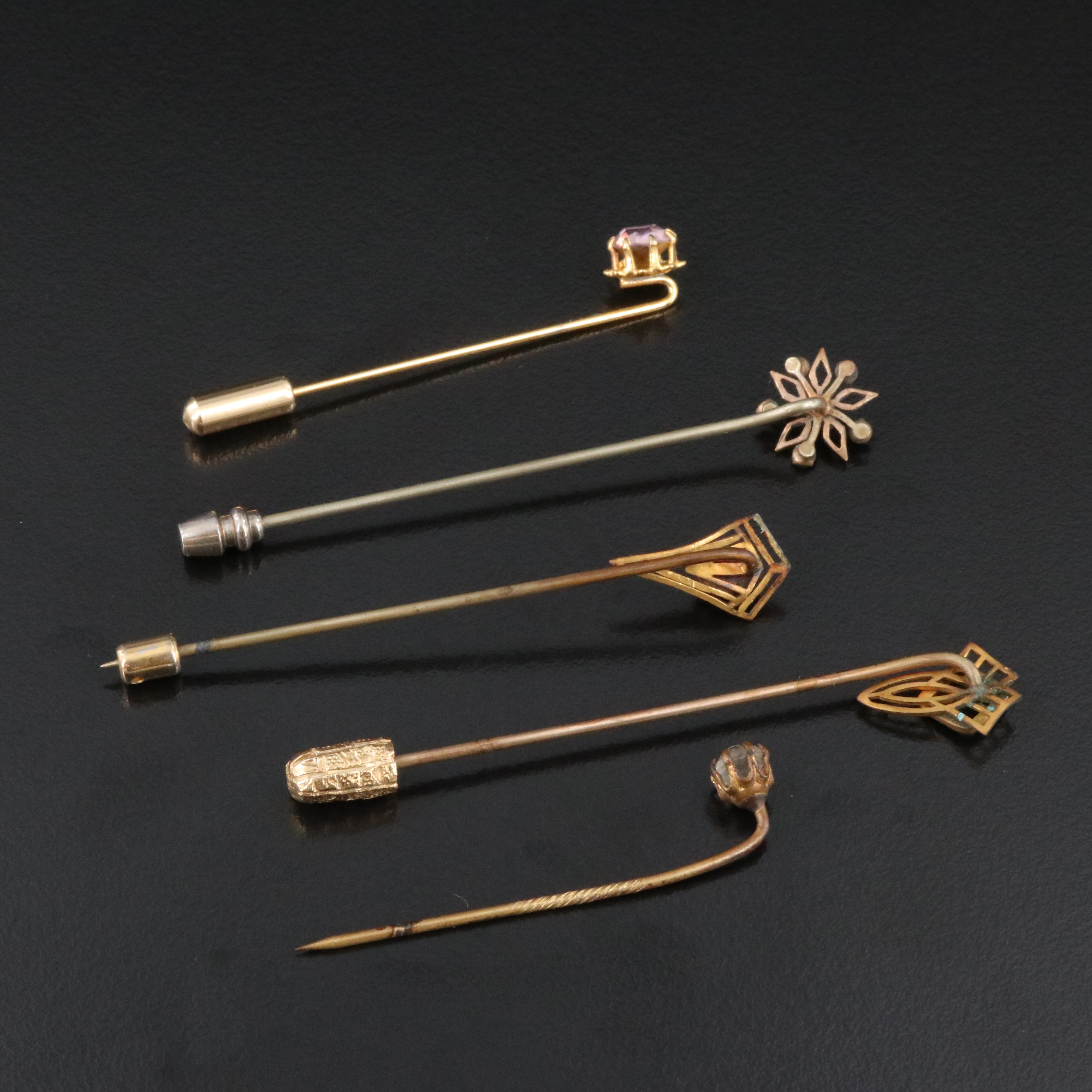 Antique Stickpin Selection Including Glass, Rhinestone and Enamel