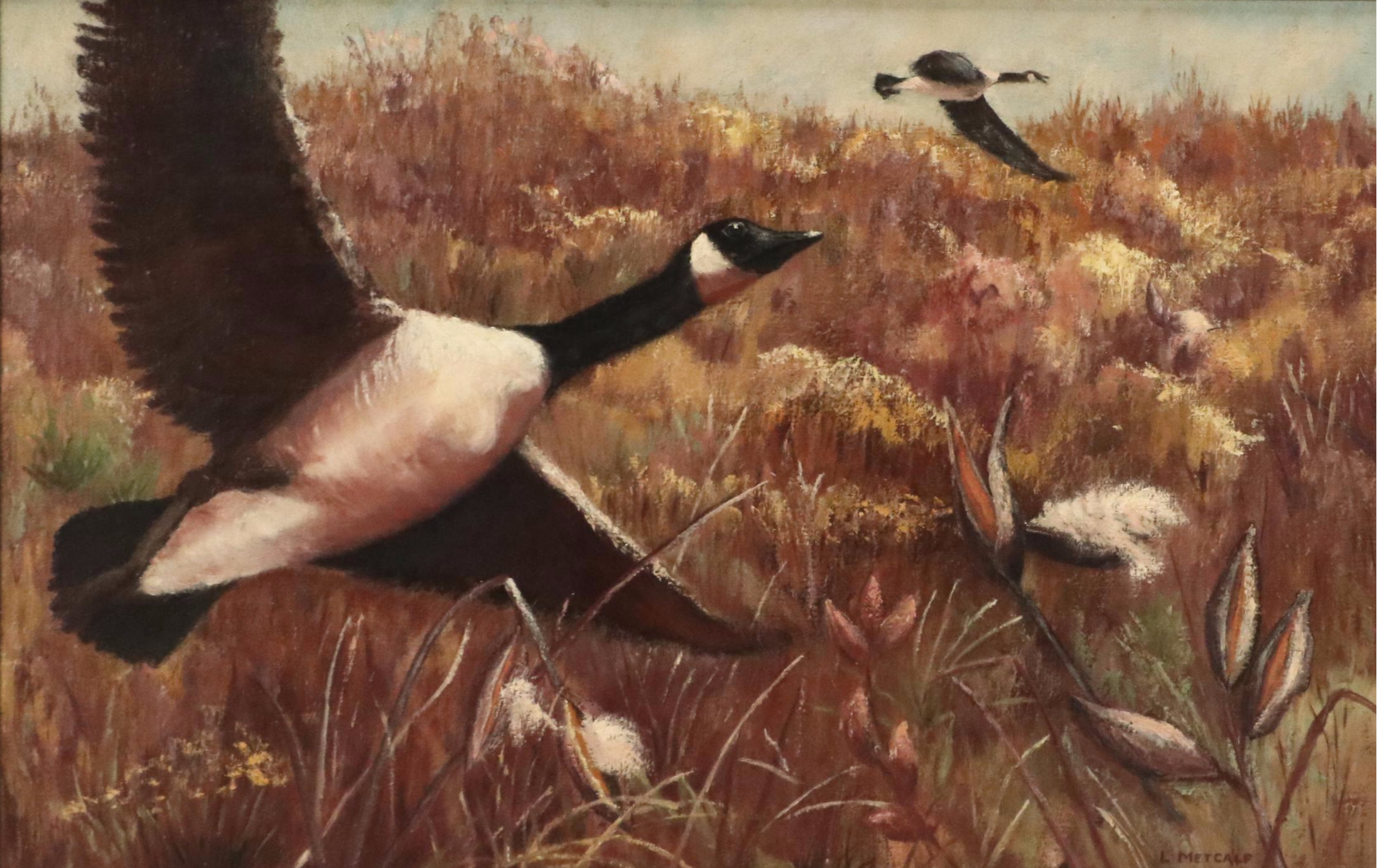 Oil Painting of Canadian Geese in Flight, 20th Century