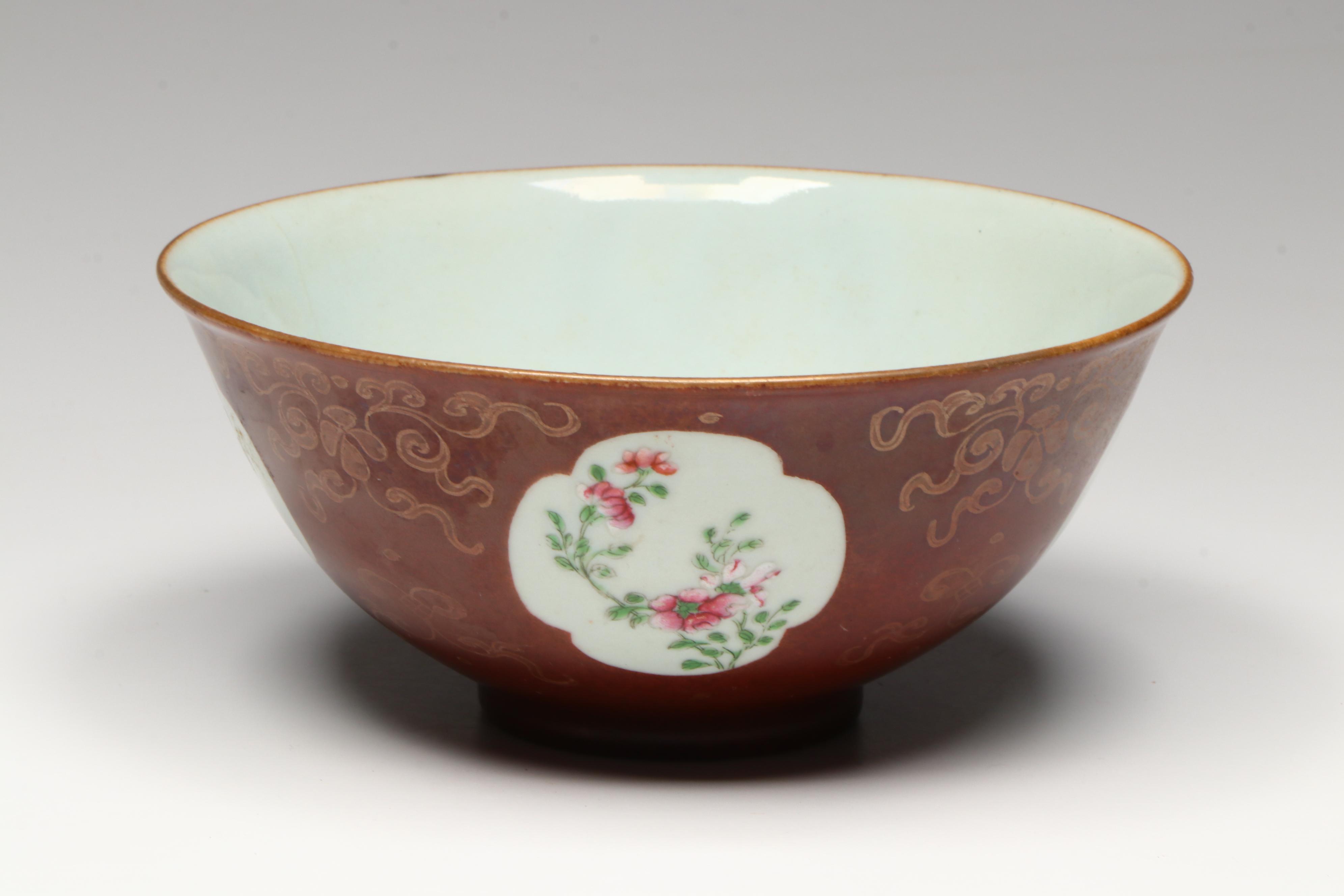 Antique Chinese Qing Dynasty Red-Glaze Famille Rose Bowl and Plate
