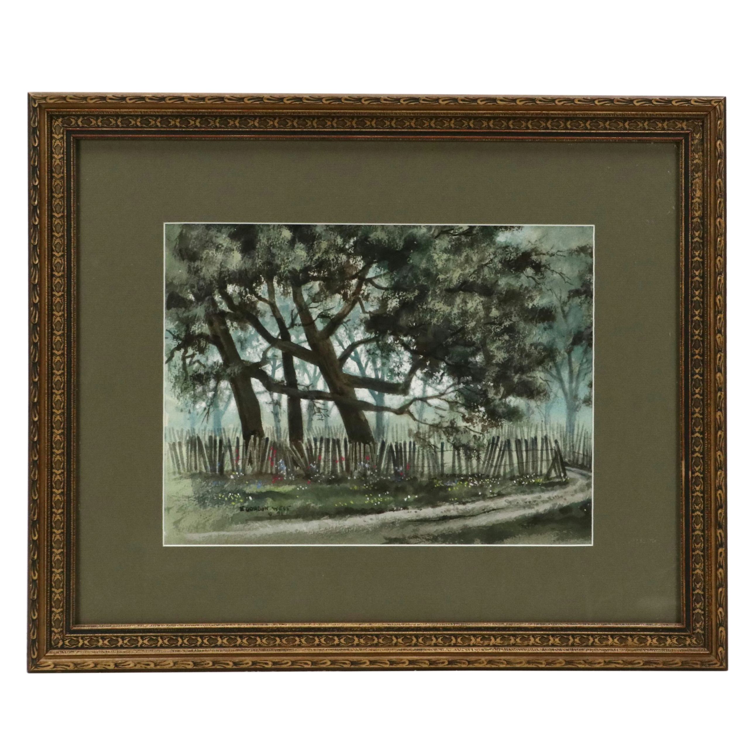 E. Gordon West Landscape Watercolor Painting of Woodland Path, 1991