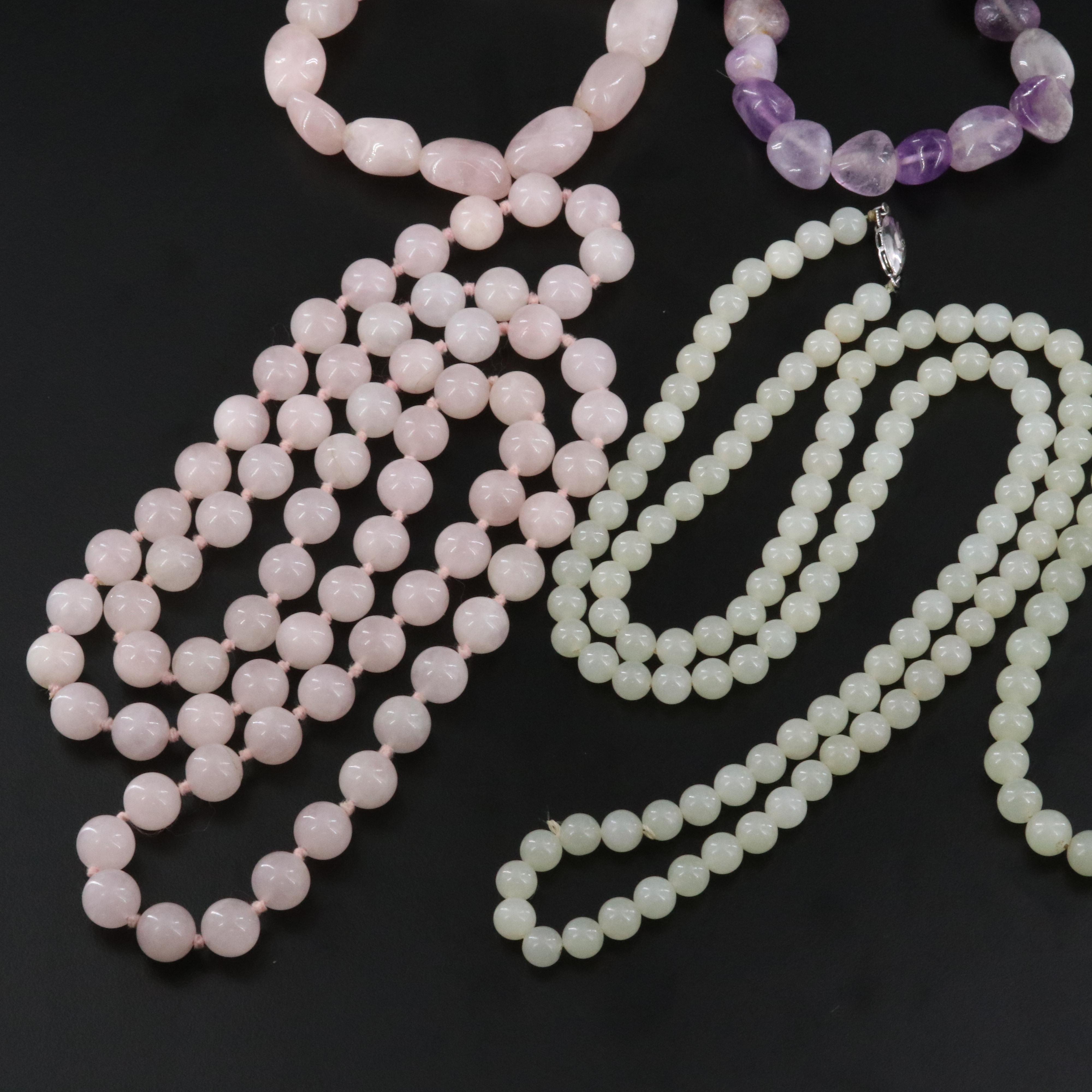 Amethyst, Rose Quartz and Chalcedony Necklace and Bracelets