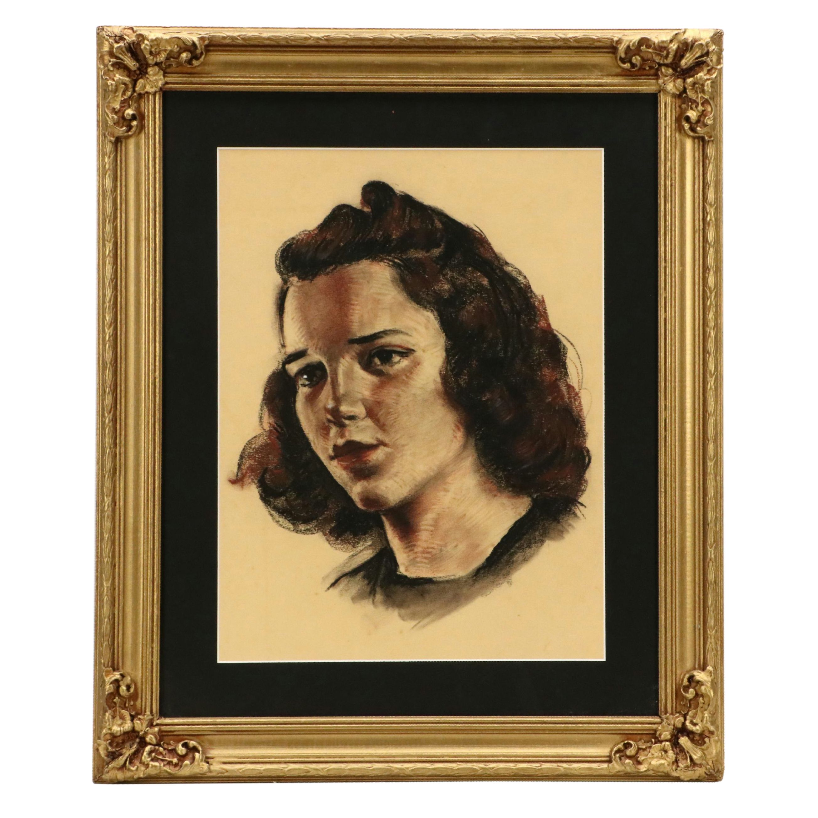 Robert H. Whitmore Oil Pastel Portrait of Young Woman, 20th Century