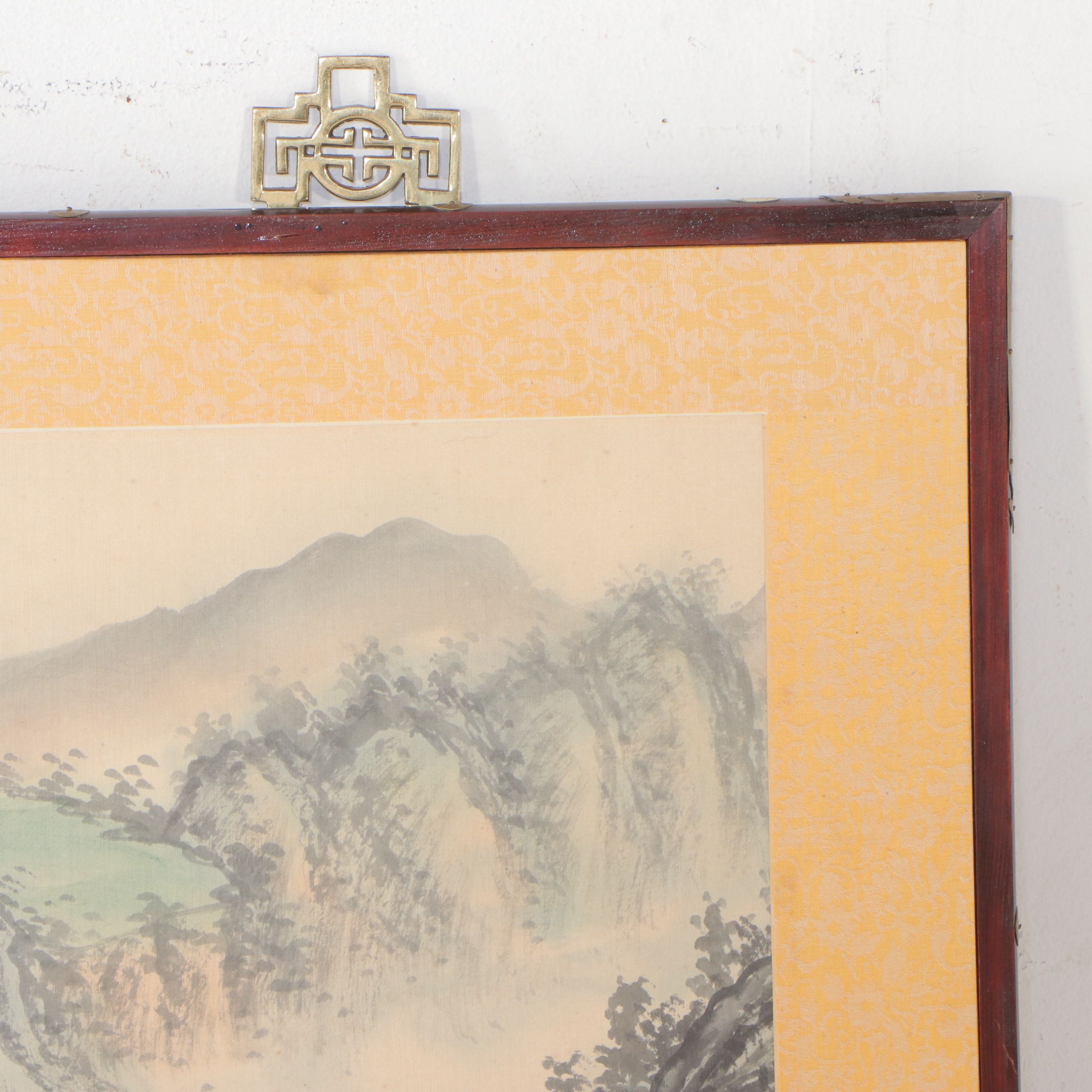 Taiwanese Mountain Landscape Watercolor on Textile Folding Screen