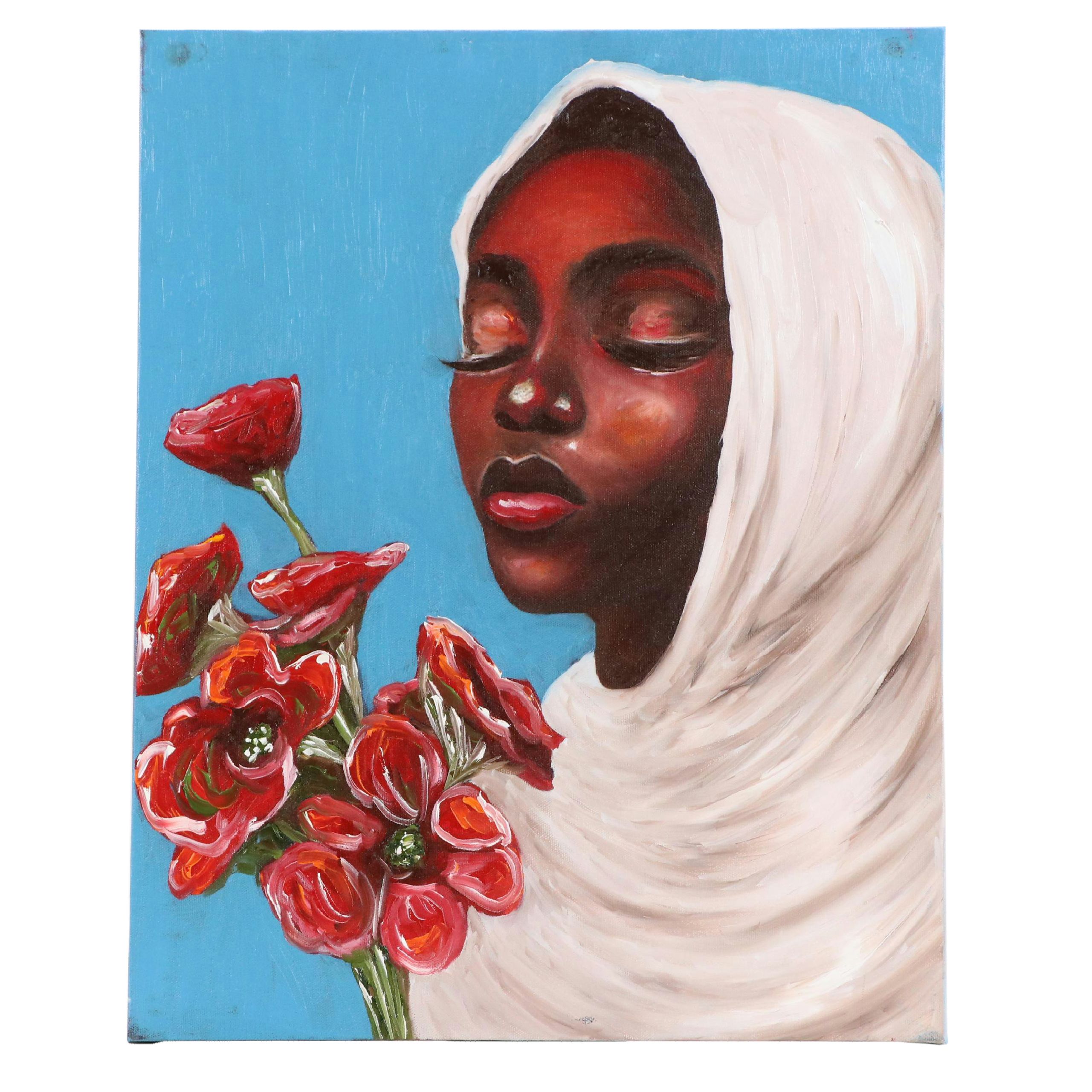Oluwakemi Omowaire Oil Portrait "Give Me My Flowers.," 21st Century