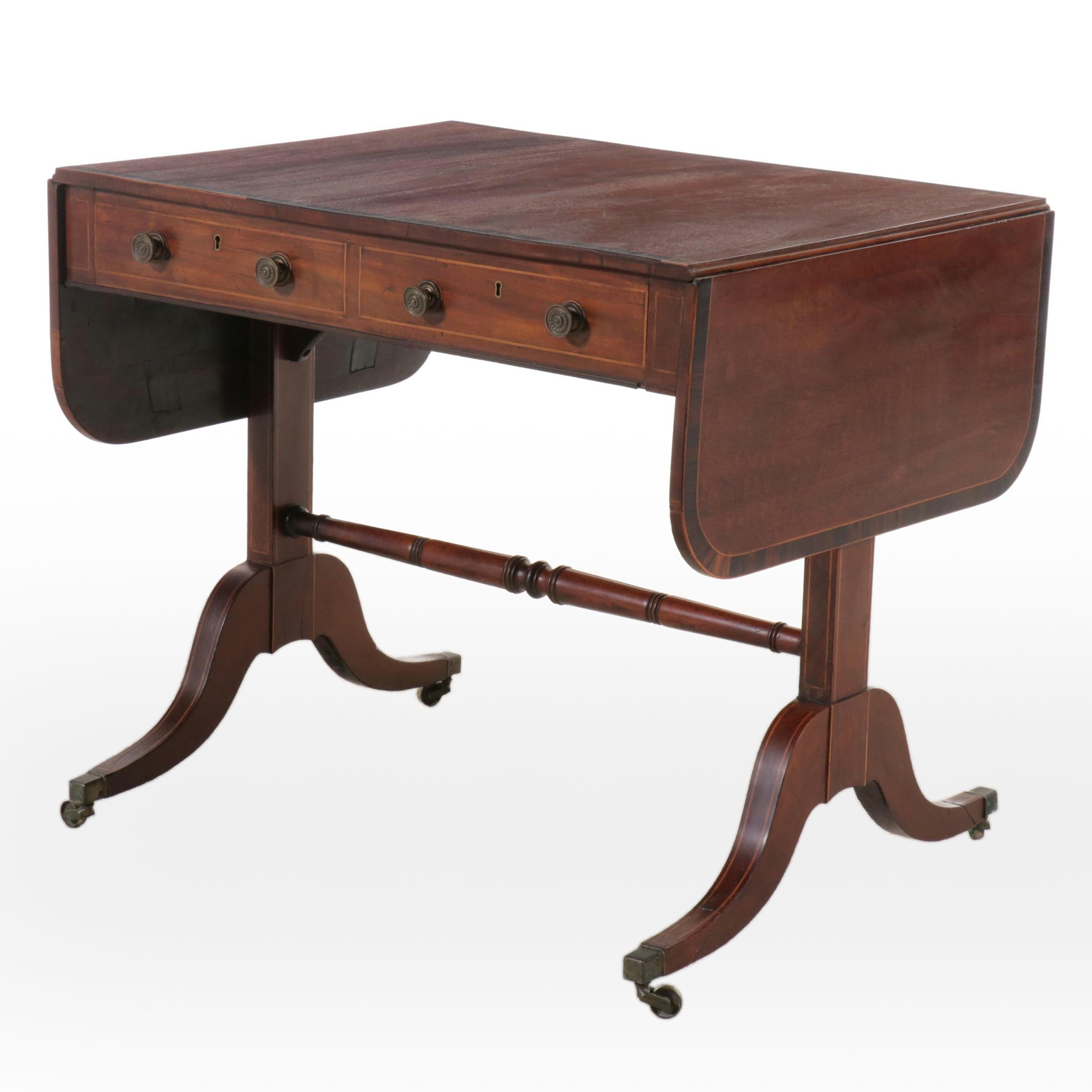 English Regency Style Inlaid Mahogany Drop Leaf Sofa Table, 19th Century
