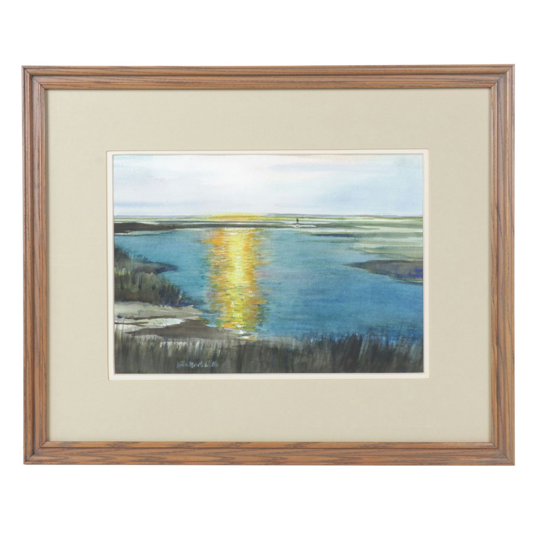 Karen North Wells Watercolor Painting of Wetland Landscape at Sunrise