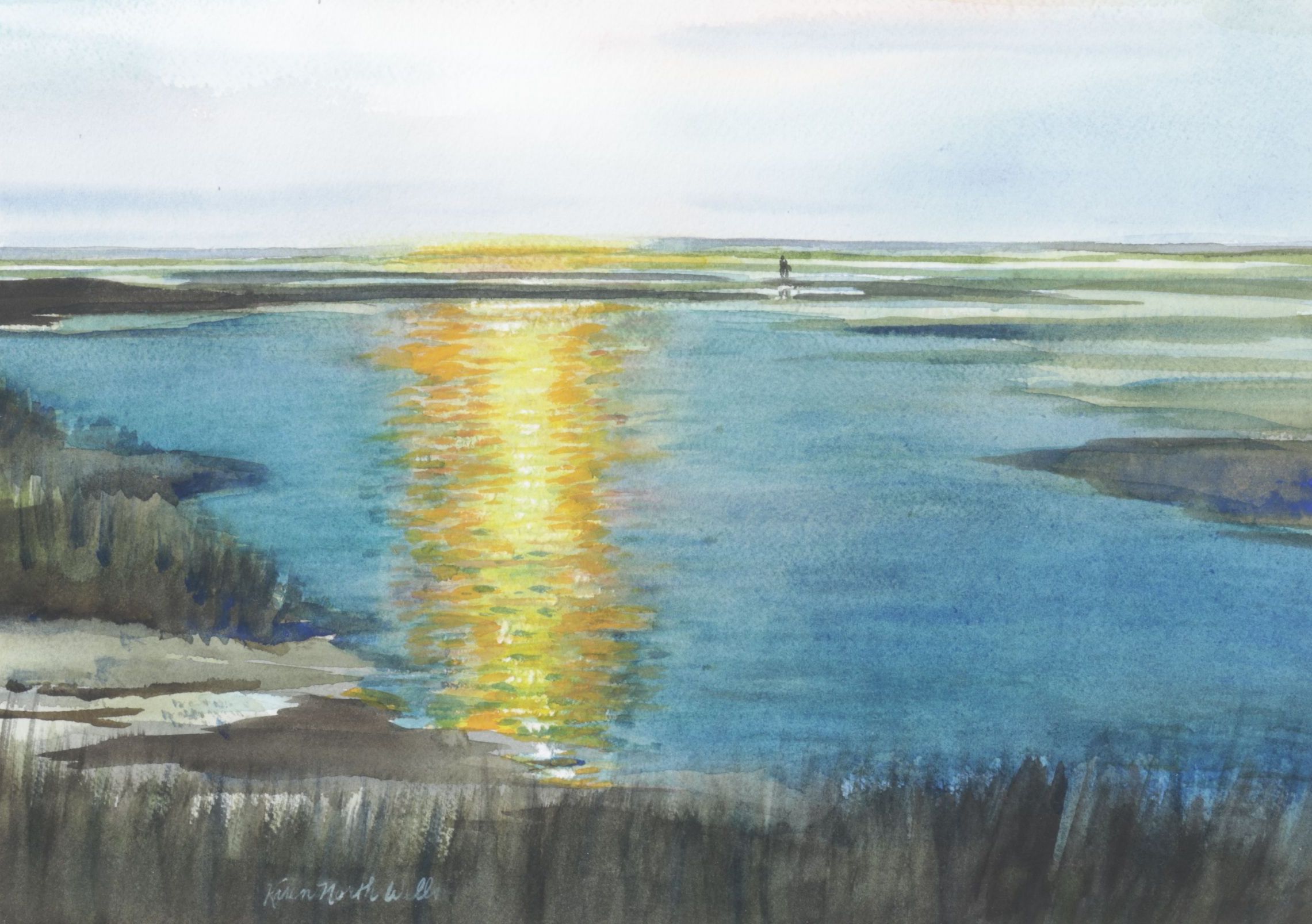 Karen North Wells Watercolor Painting of Wetland Landscape at Sunrise