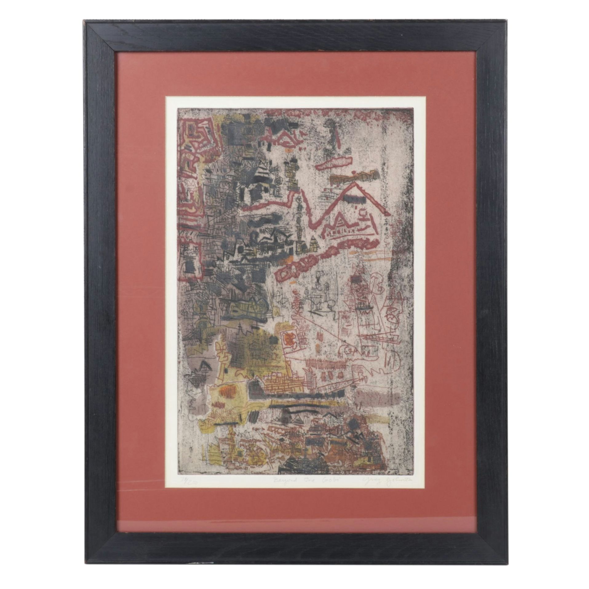 Ynez Johnston Abstract Etching "Beyond the Gobi", 1960