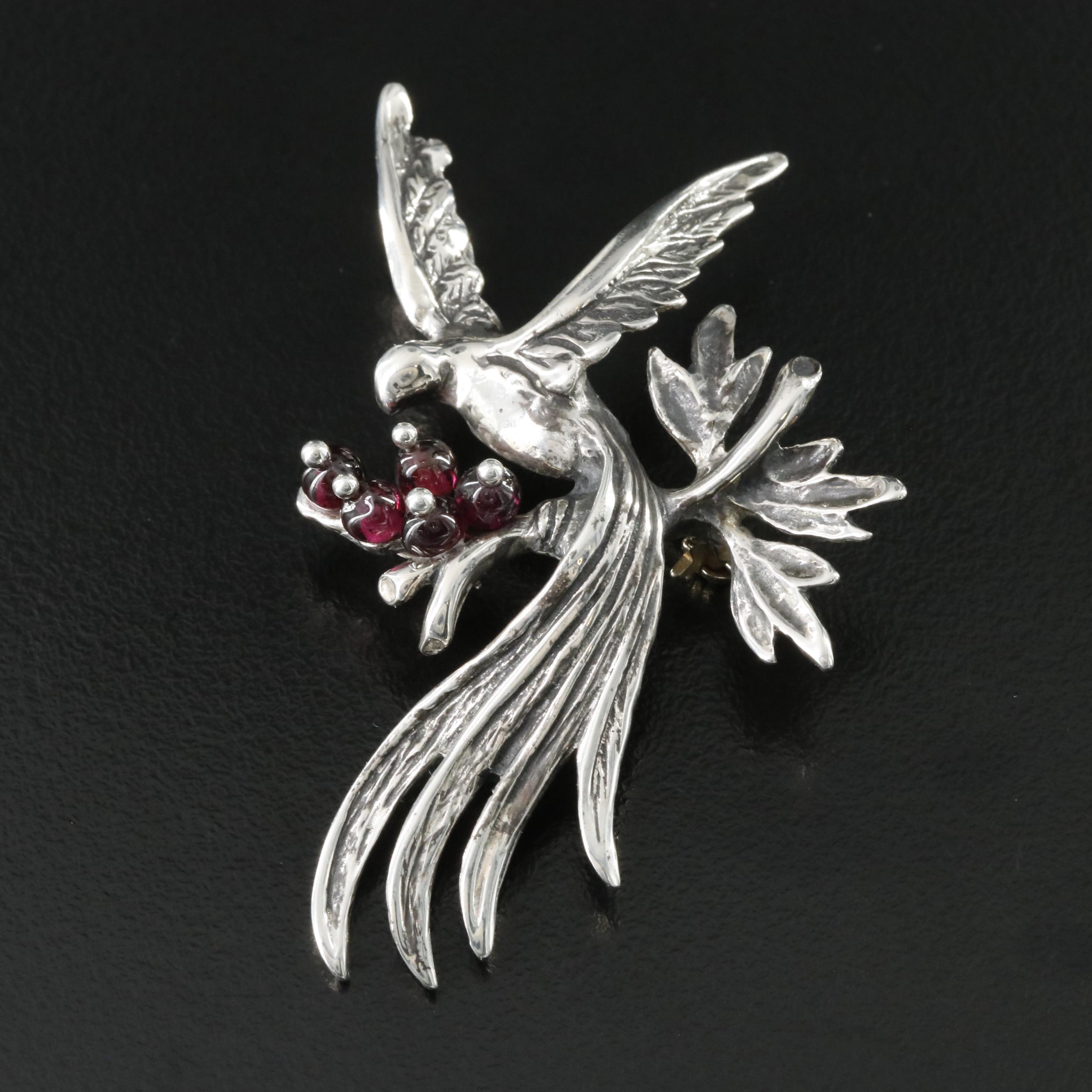 Sterling Garnet Bird Brooch