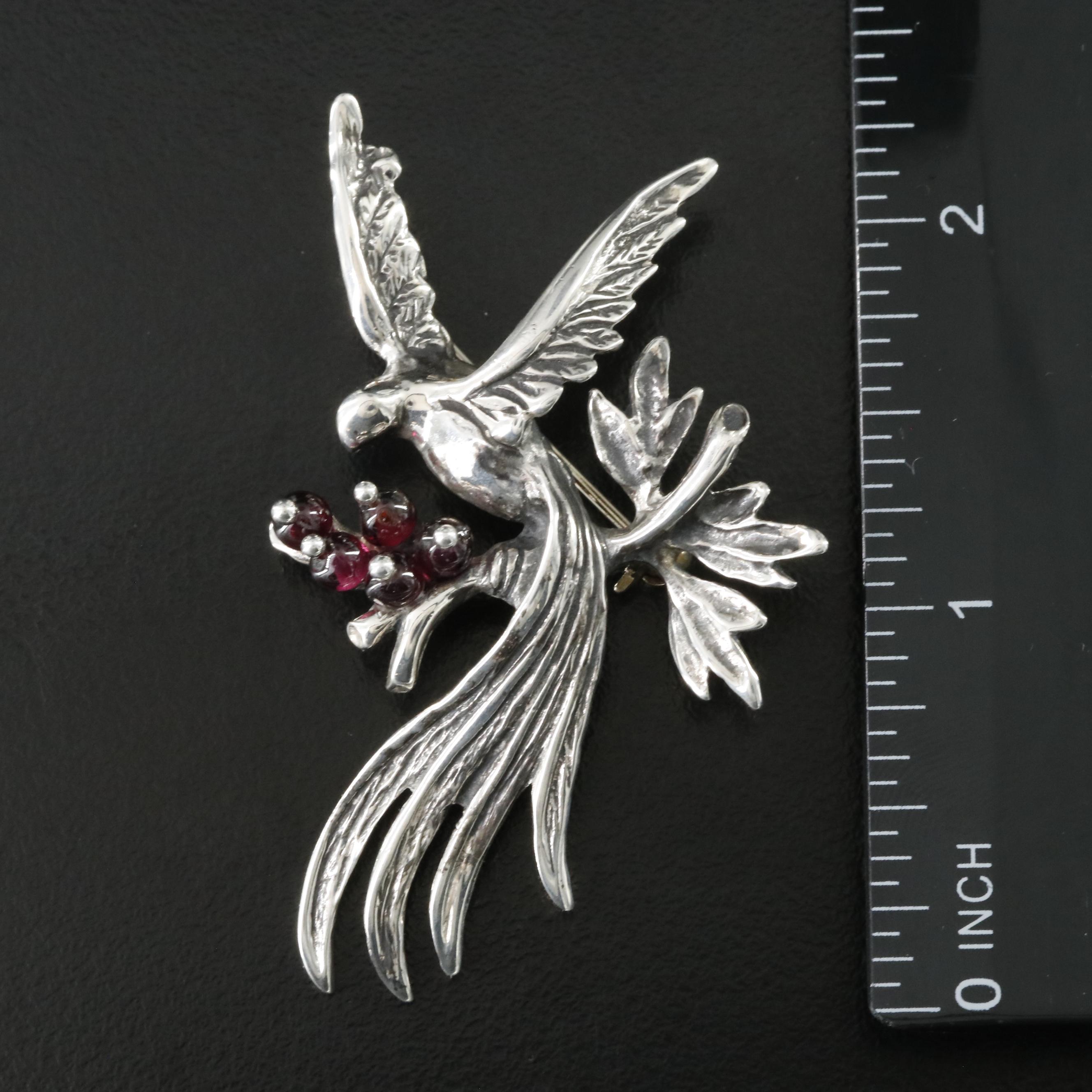 Sterling Garnet Bird Brooch