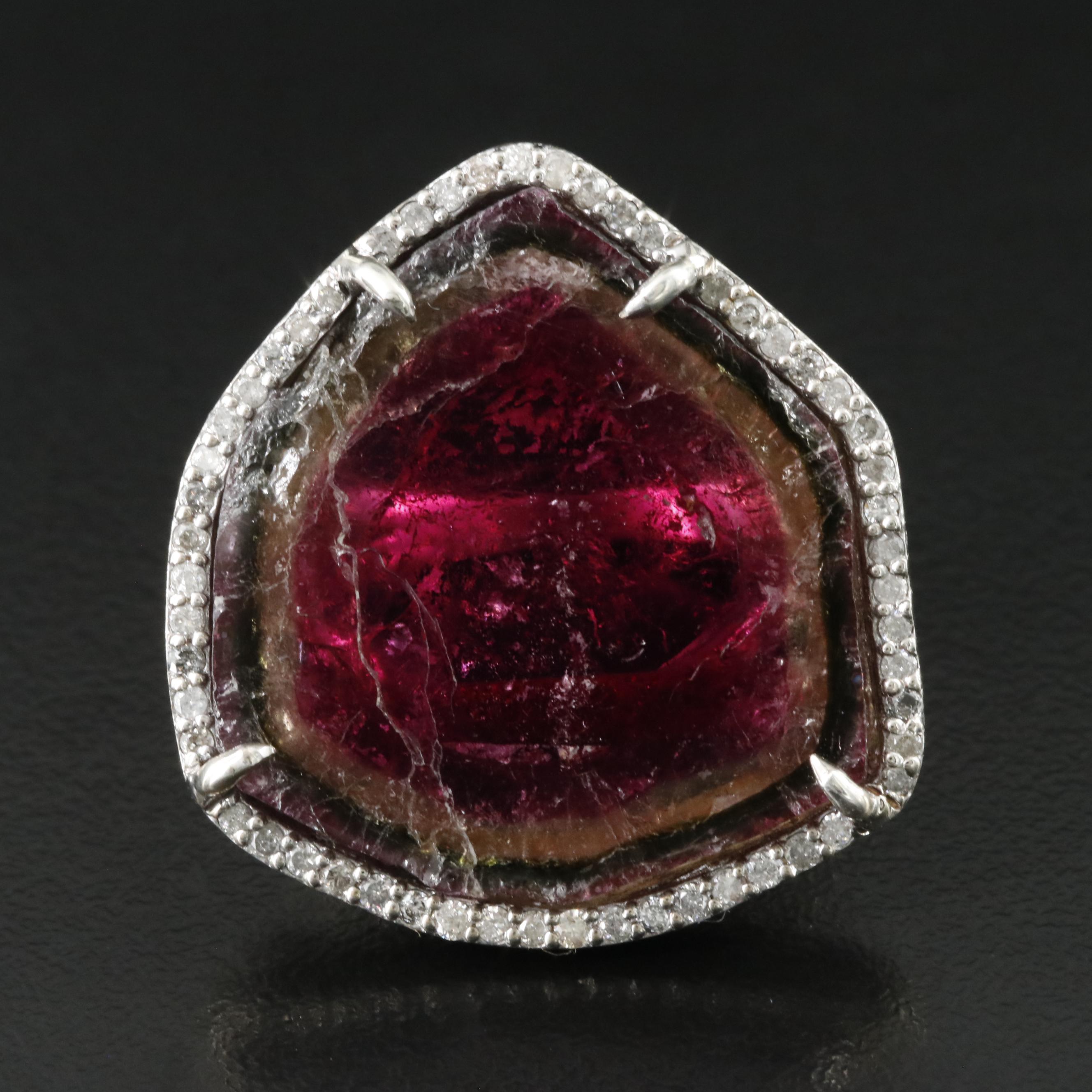 Sterling Watermelon Tourmaline and Diamond Ring Attributed to Sheryl Lowe