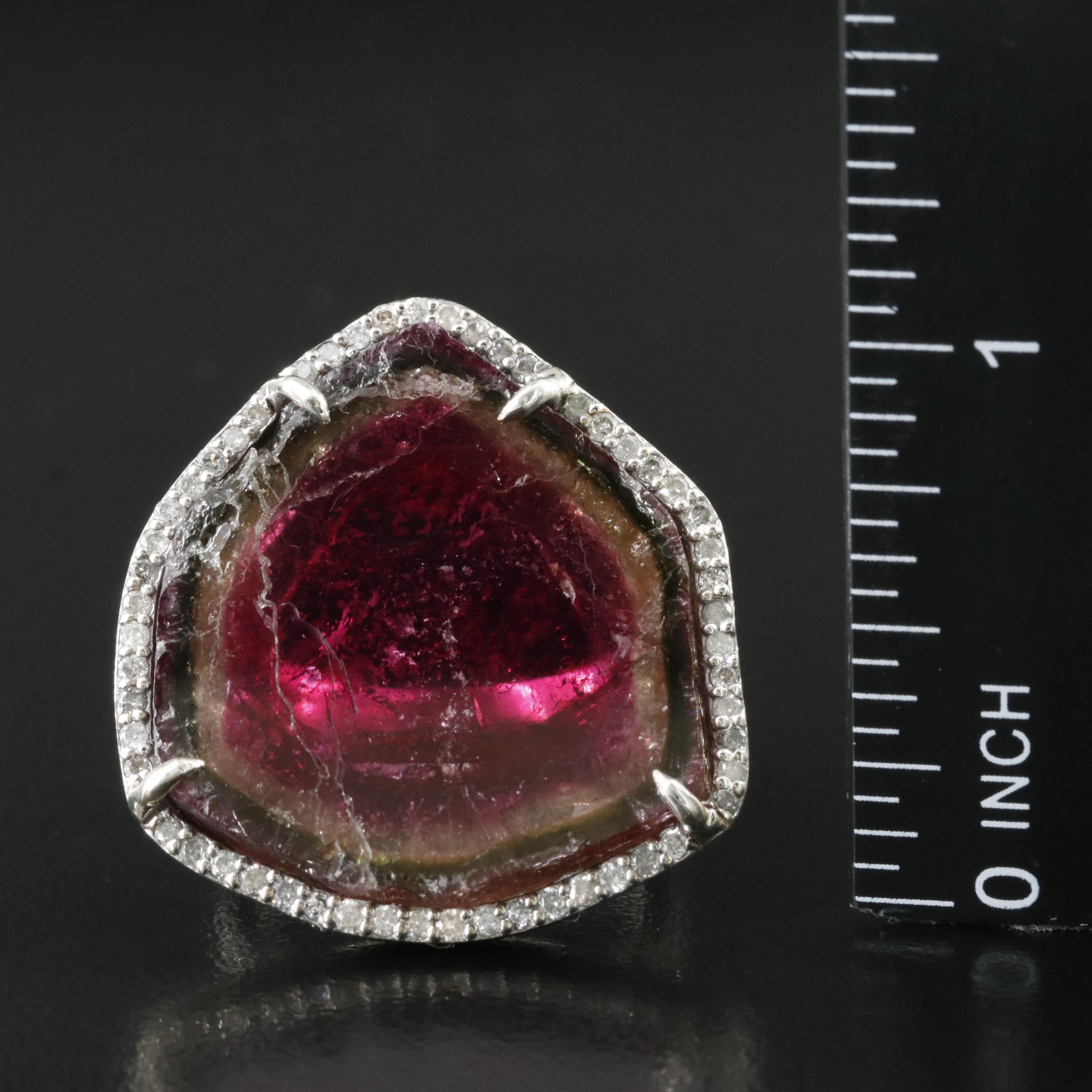 Sterling Watermelon Tourmaline and Diamond Ring Attributed to Sheryl Lowe