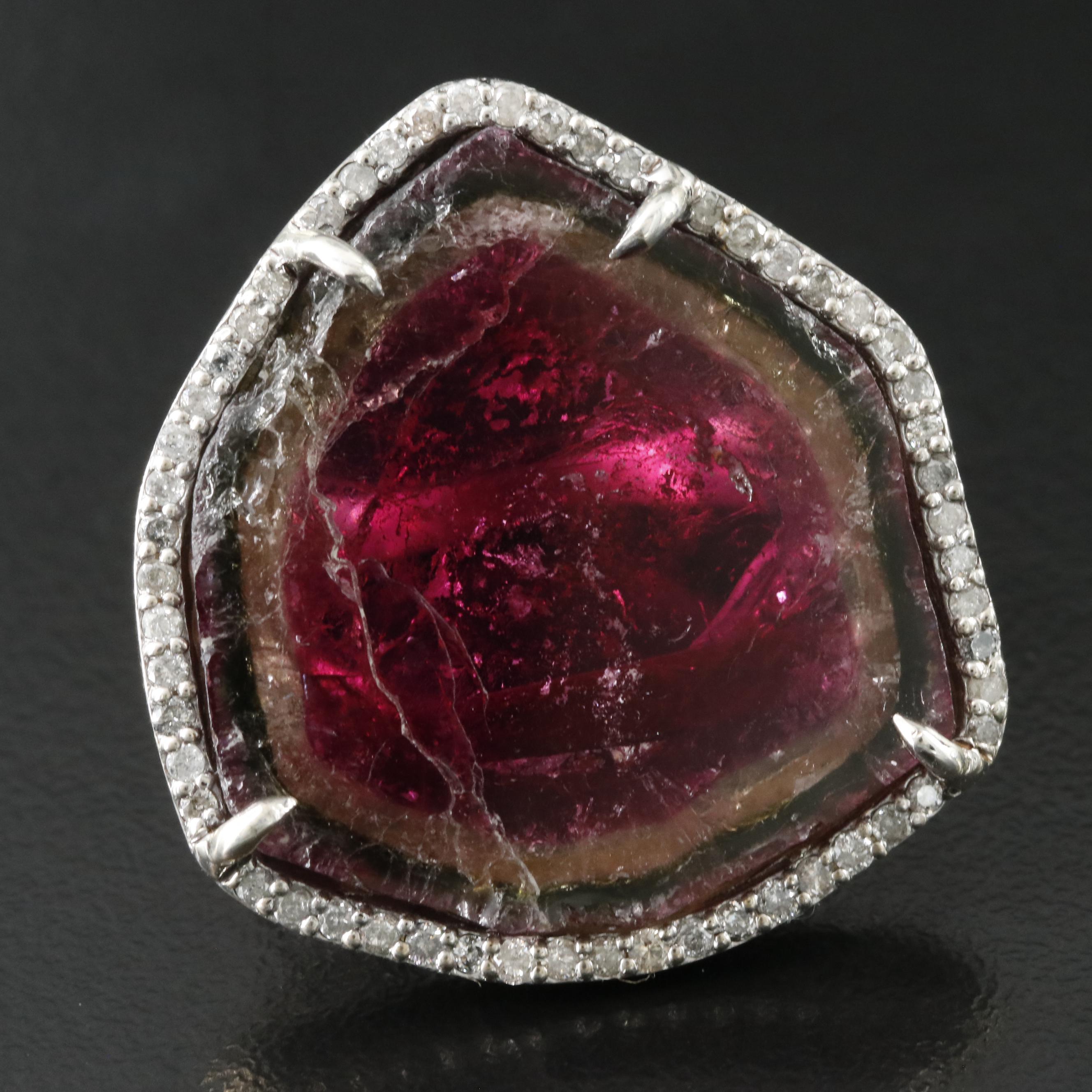 Sterling Watermelon Tourmaline and Diamond Ring Attributed to Sheryl Lowe