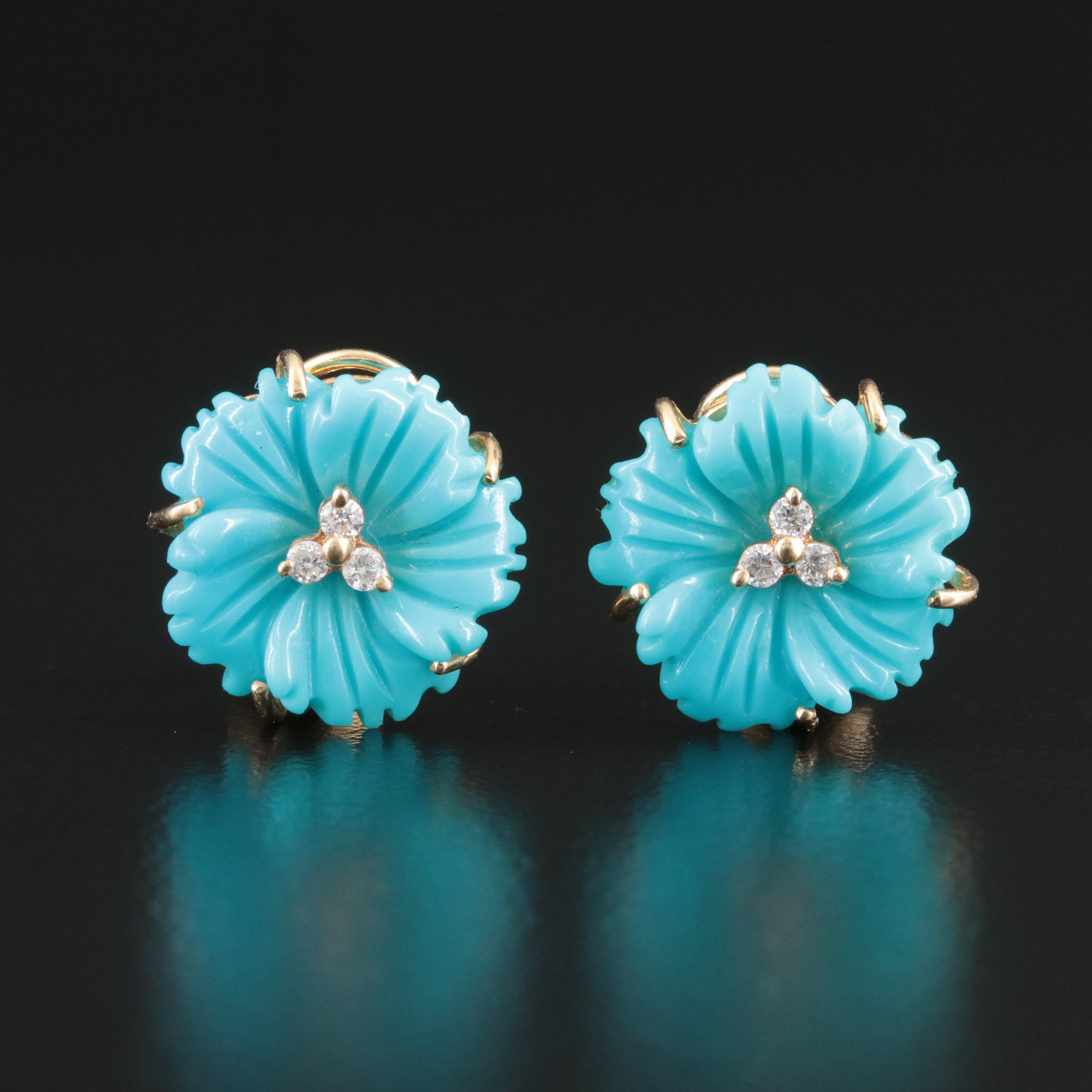 14K Carved Turquoise and Diamond Flower Clip Earrings