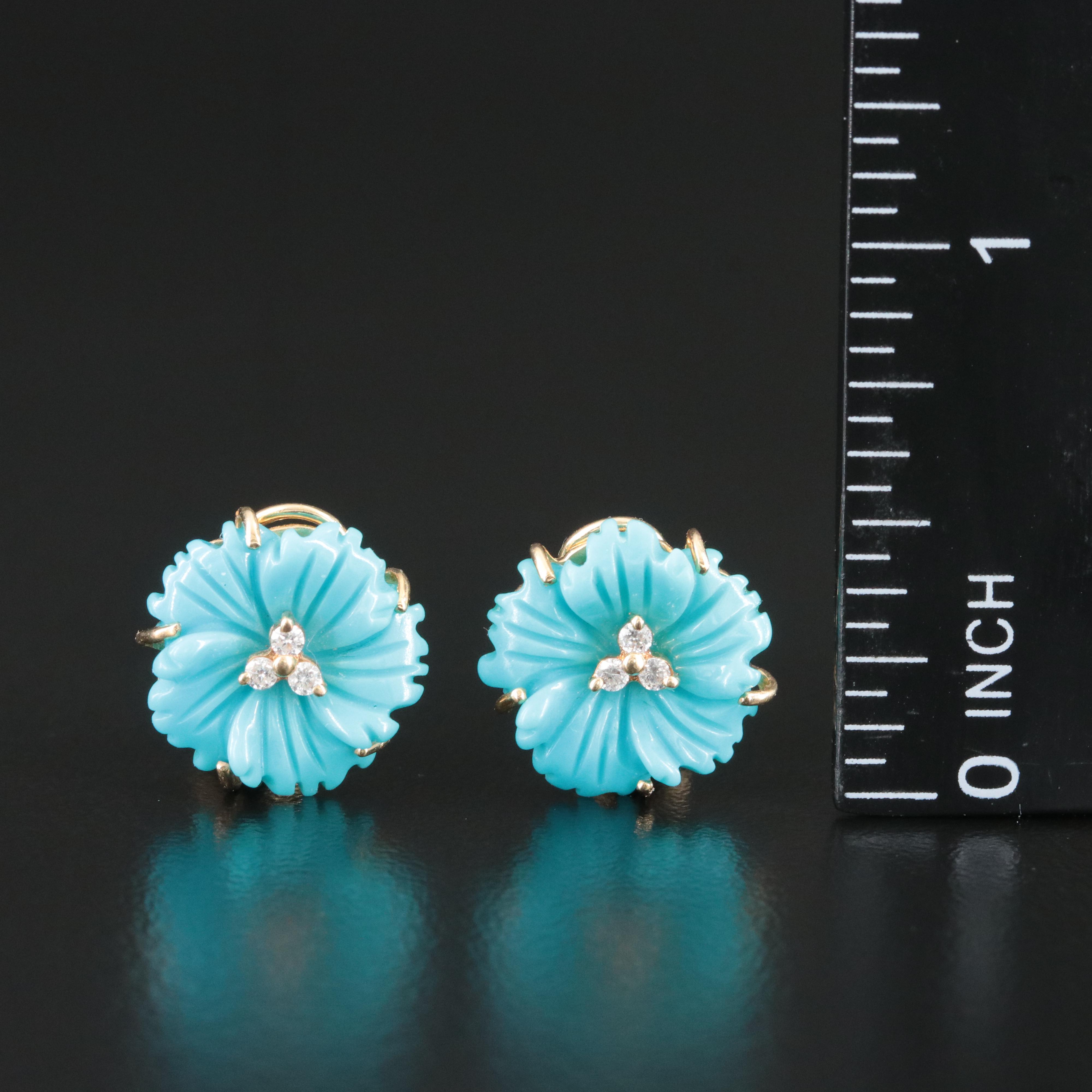 14K Carved Turquoise and Diamond Flower Clip Earrings