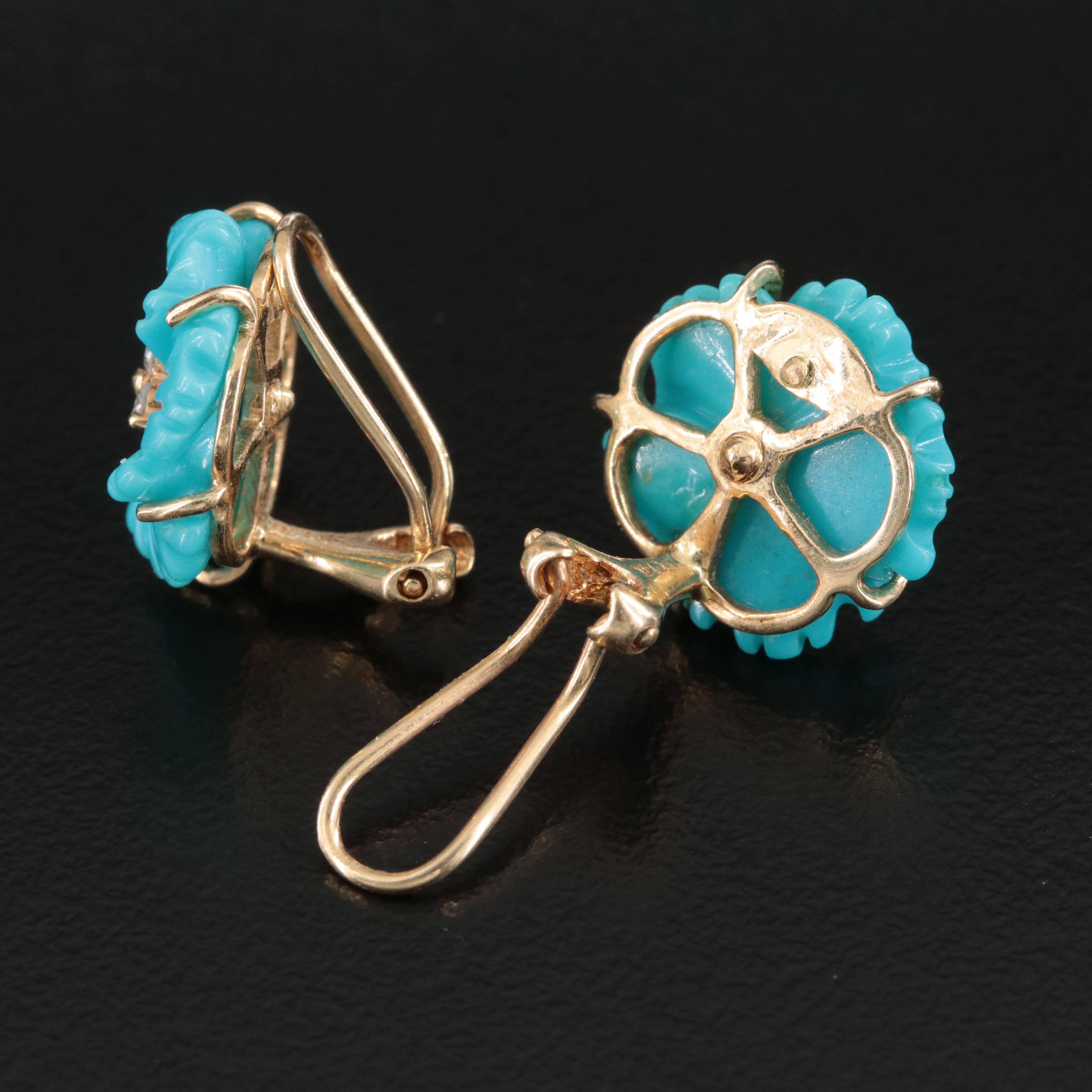 14K Carved Turquoise and Diamond Flower Clip Earrings