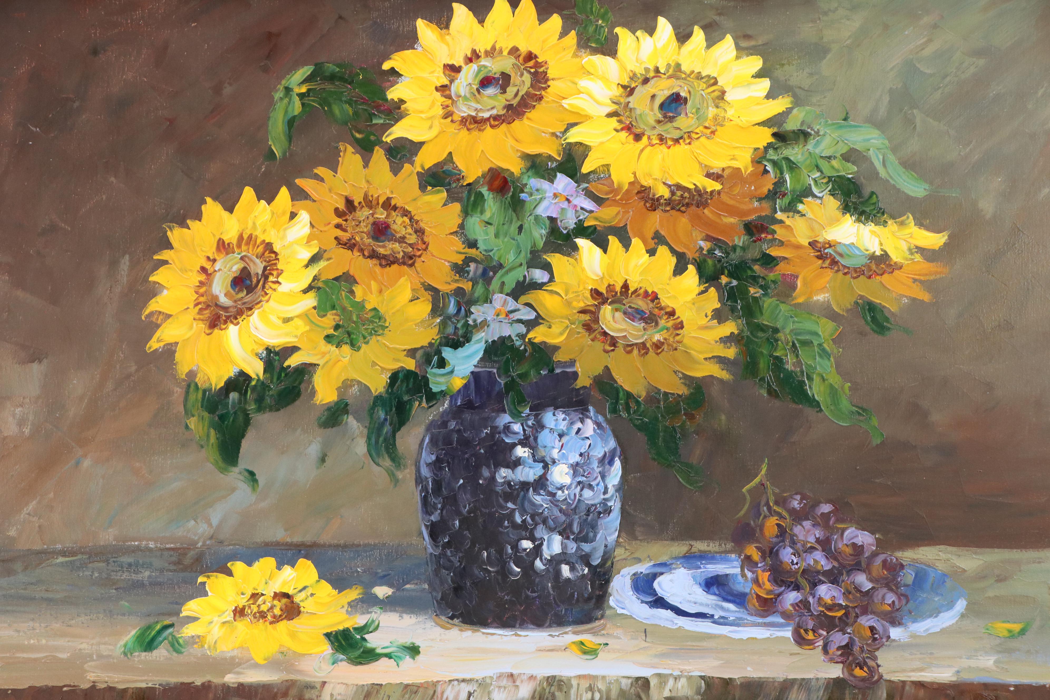 Floral Still Life Acrylic Painting of Sunflowers, Circa 2010