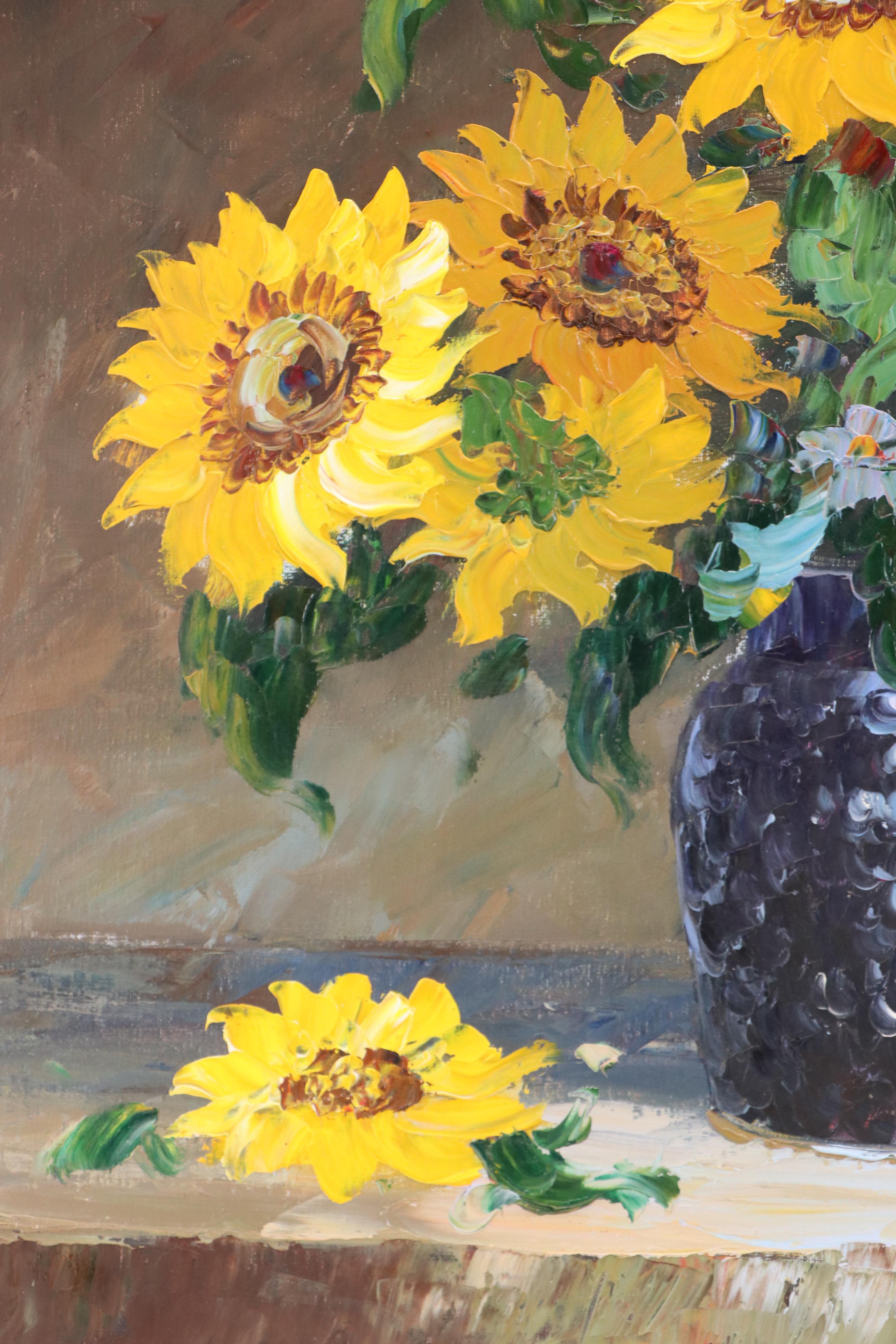 Floral Still Life Acrylic Painting of Sunflowers, Circa 2010