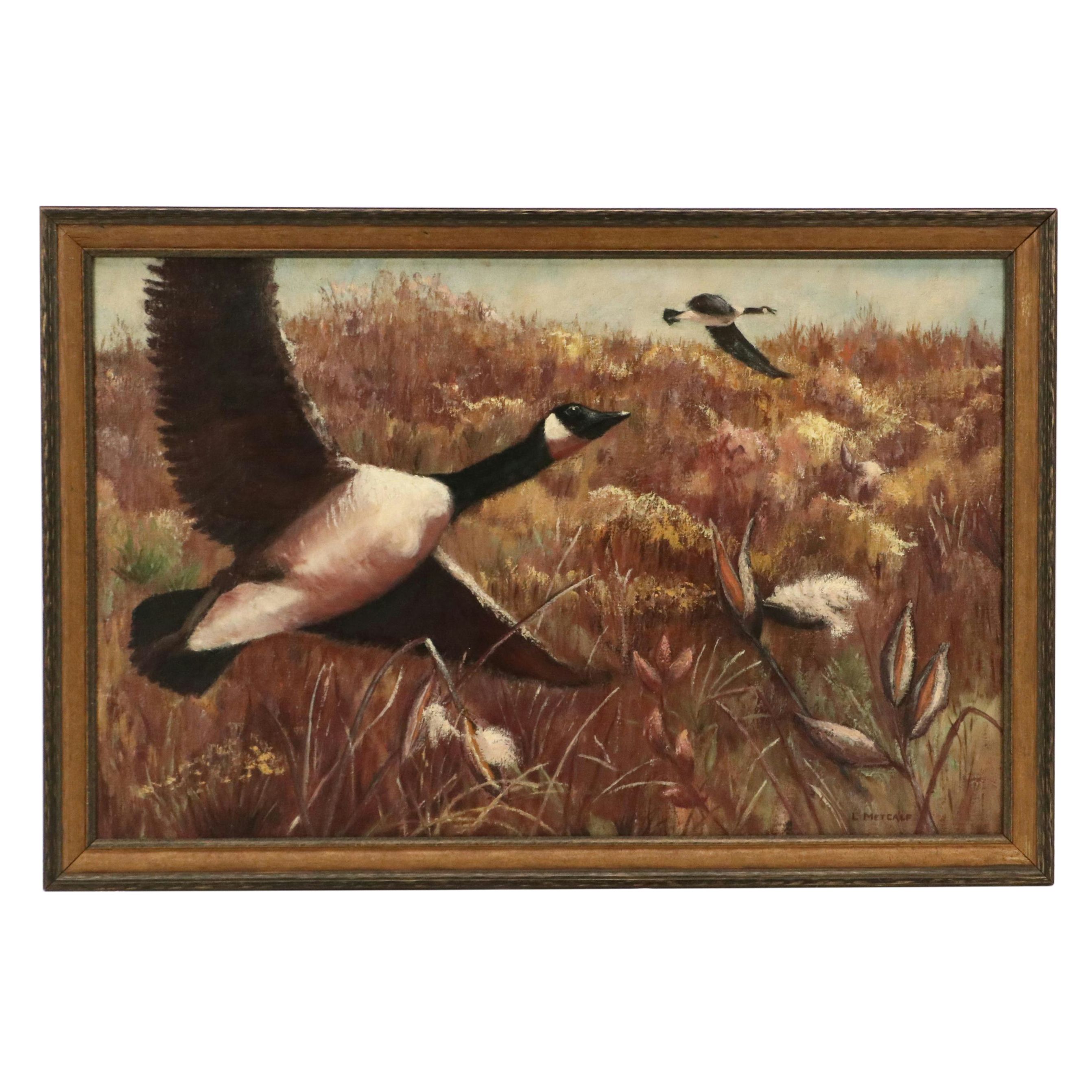 Oil Painting of Canadian Geese in Flight, 20th Century