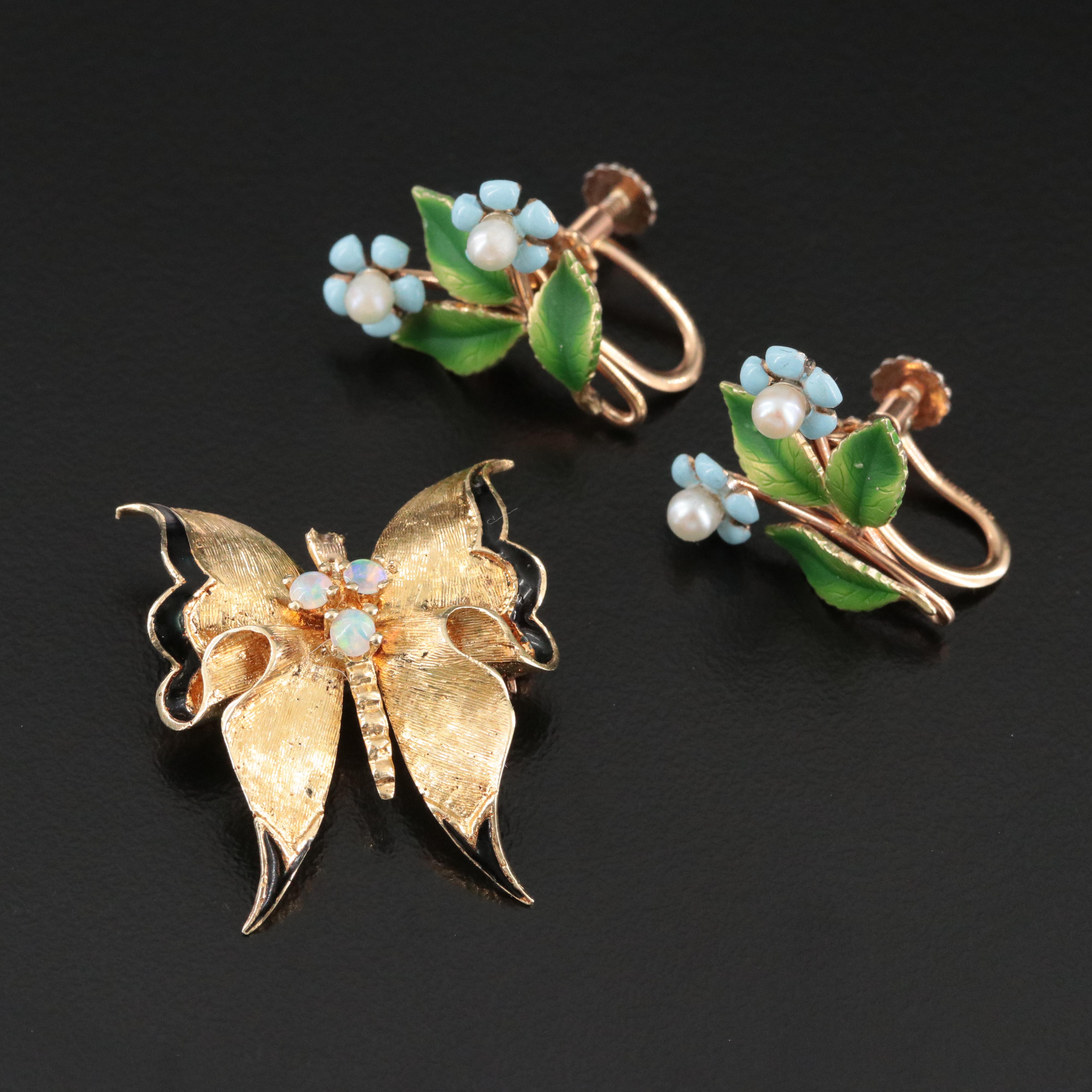 14K Opal Butterfly Pendant/Brooch with Krementz Floral Seed Pearl Earrings