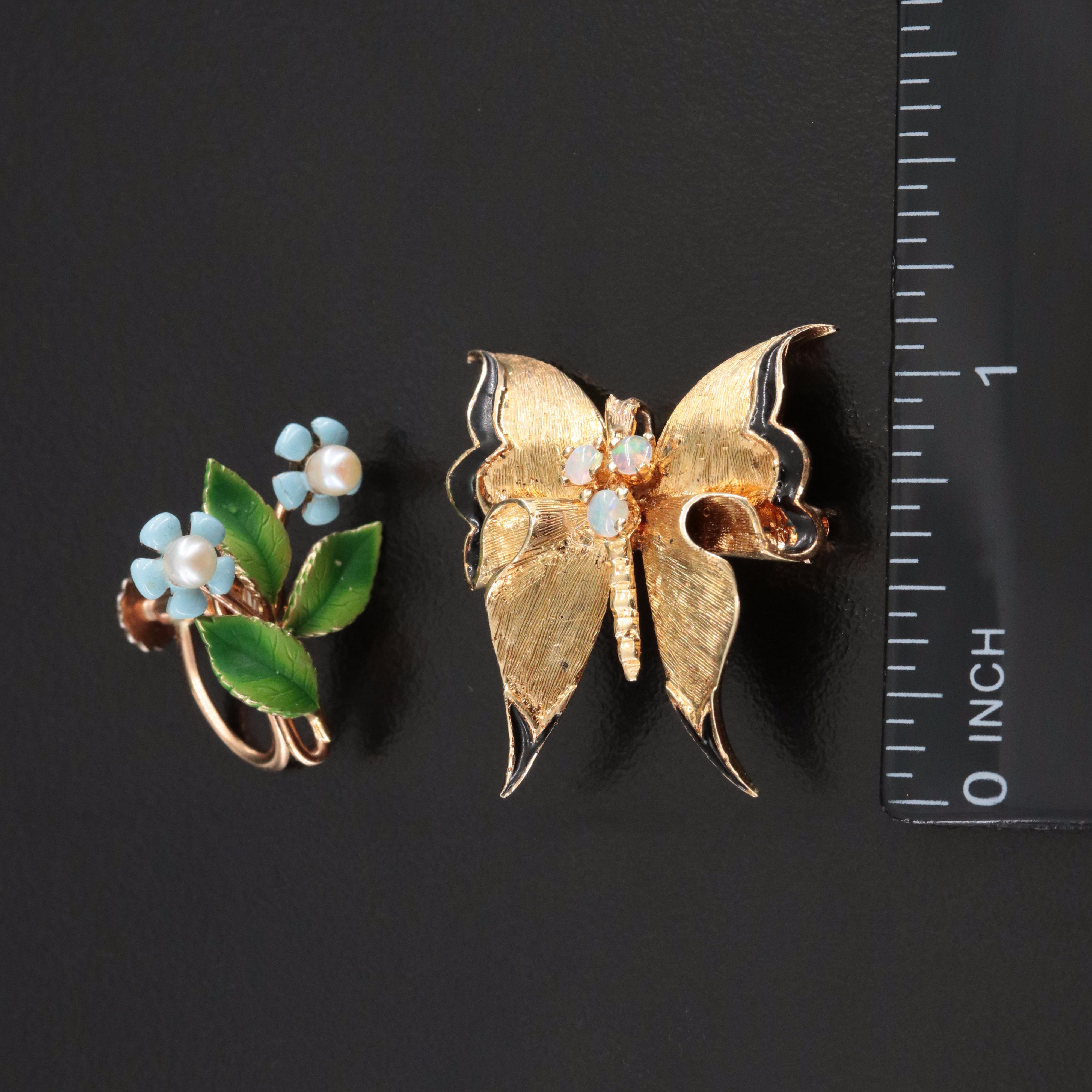 14K Opal Butterfly Pendant/Brooch with Krementz Floral Seed Pearl Earrings