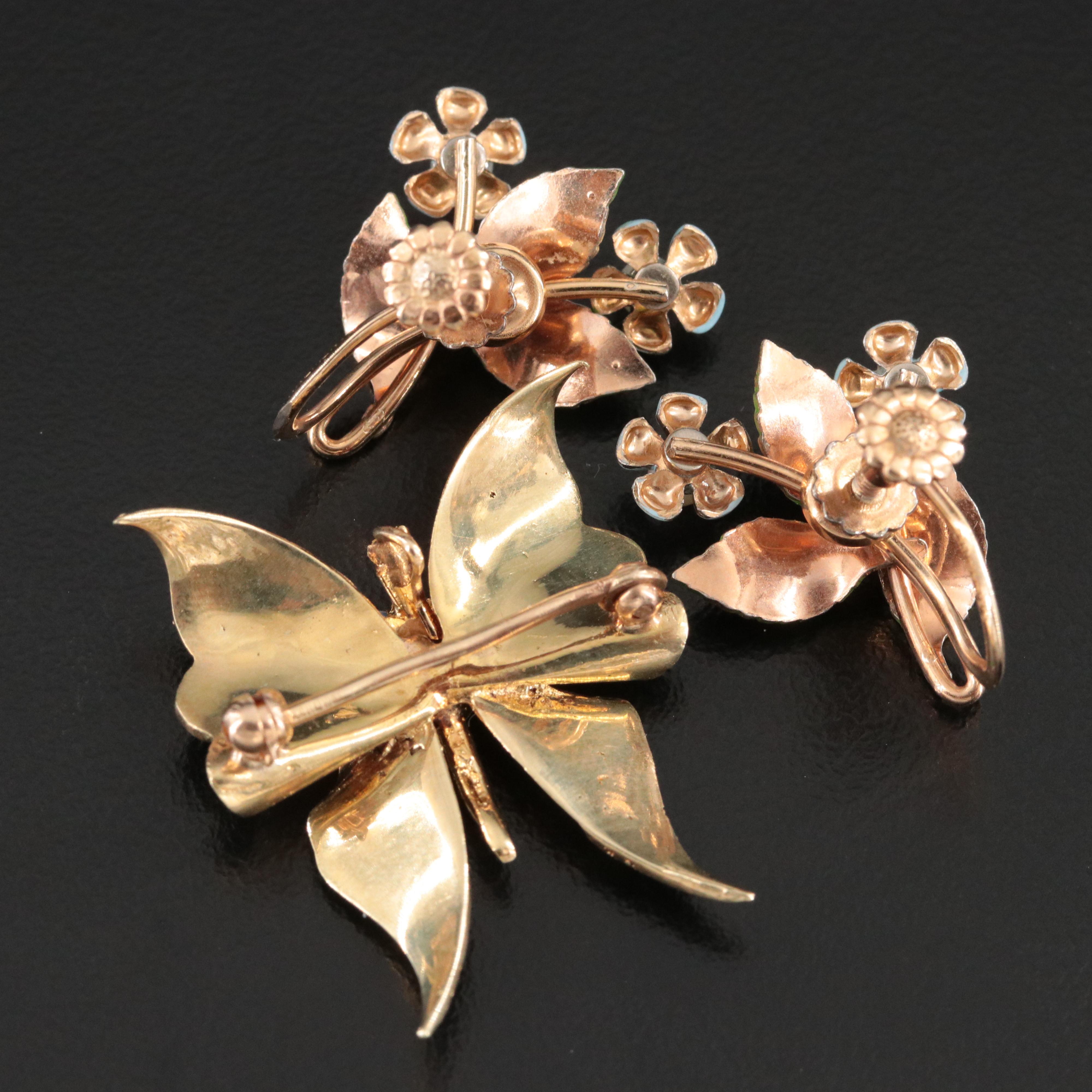 14K Opal Butterfly Pendant/Brooch with Krementz Floral Seed Pearl Earrings