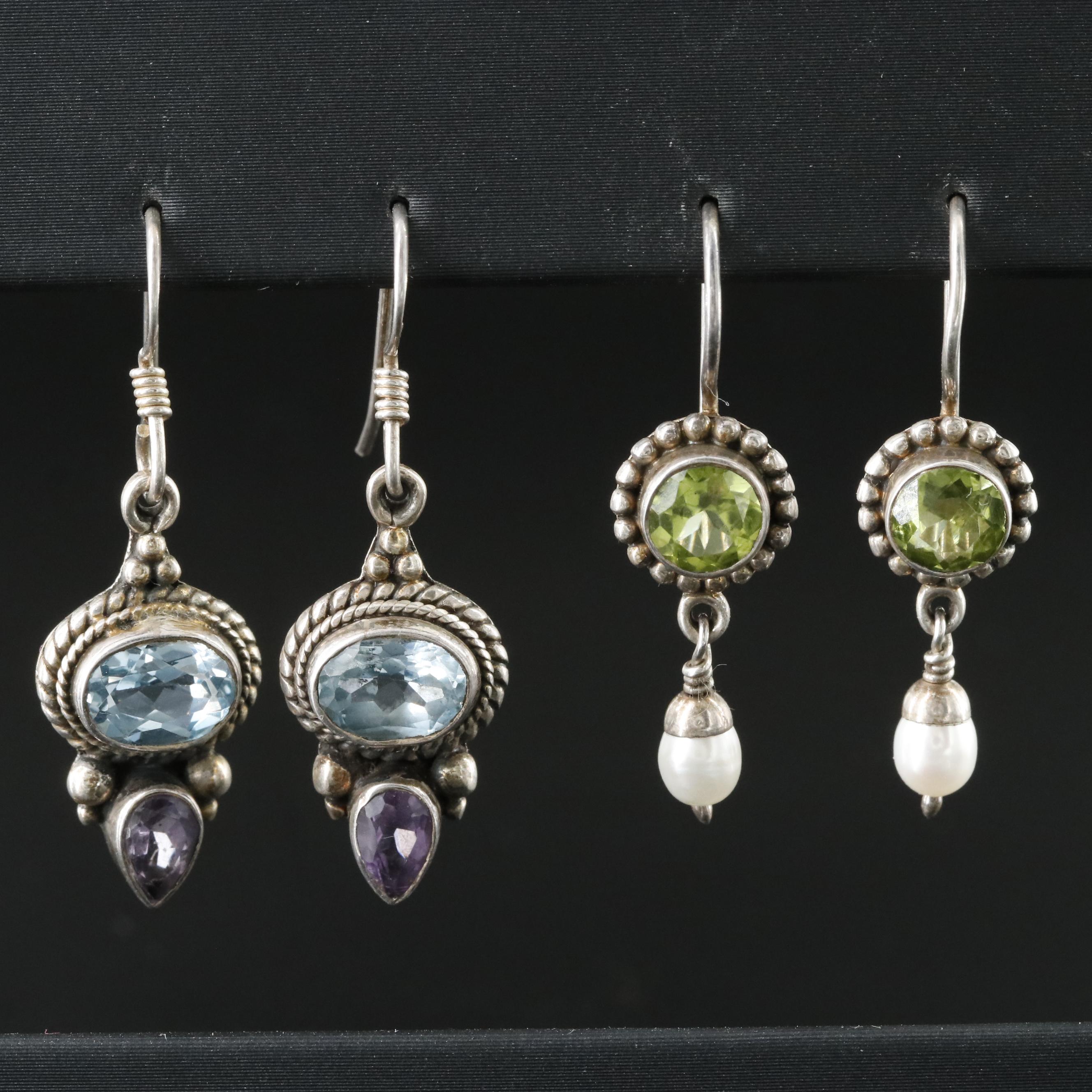 Sterling Gemstone Earrings Featuring Topaz, Amethyst, and Pearls