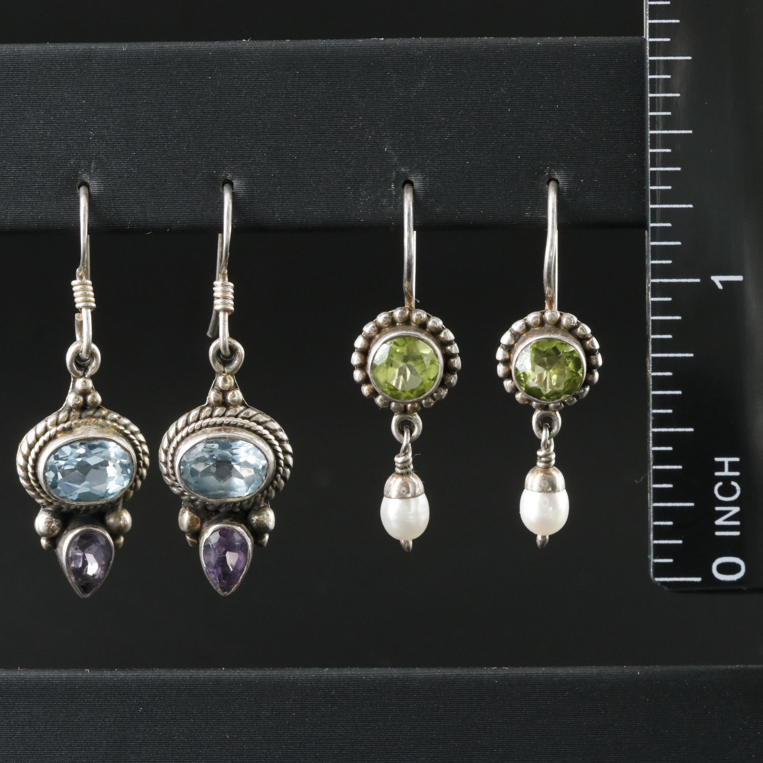 Sterling Gemstone Earrings Featuring Topaz, Amethyst, and Pearls