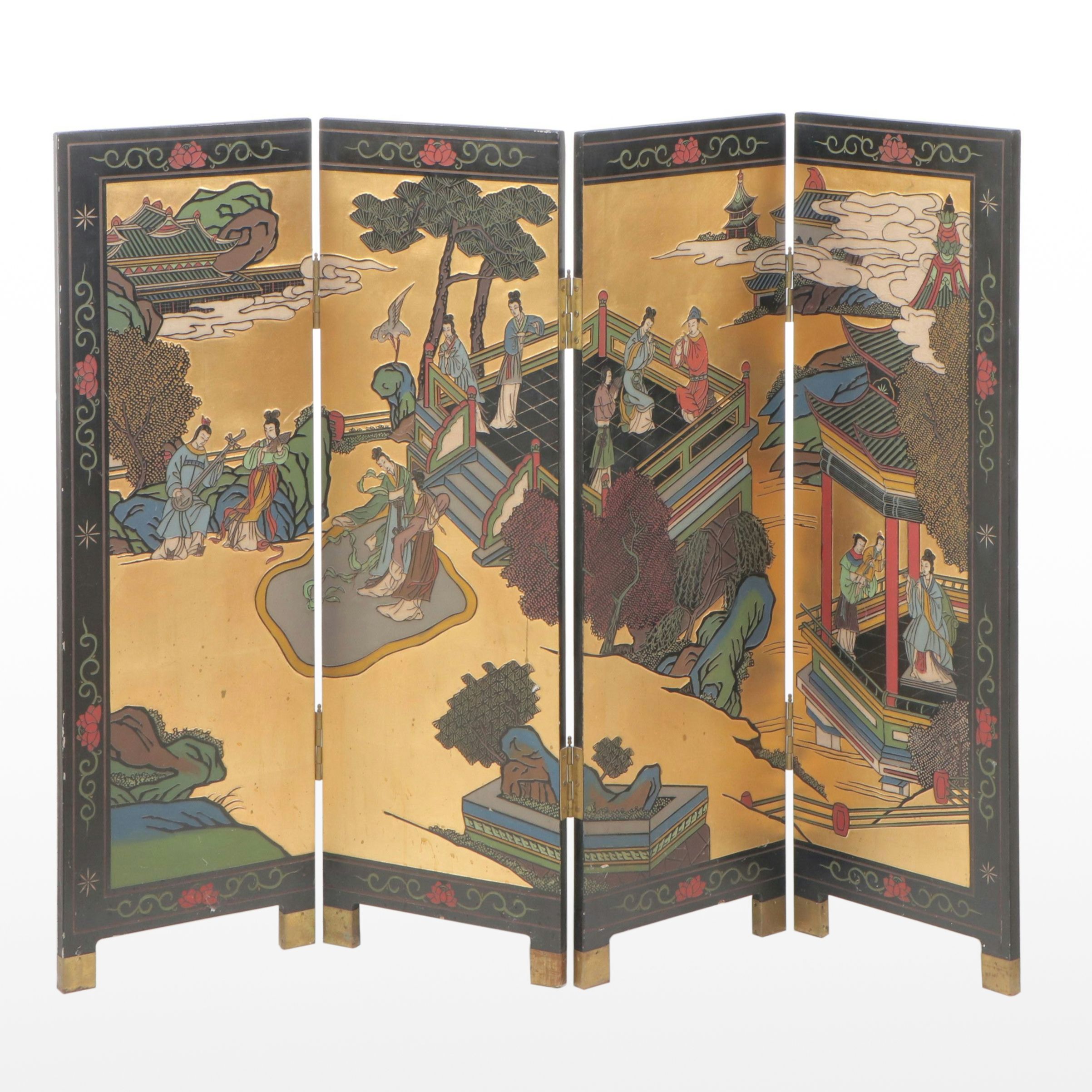 Chinese Parcel-Gilt Lacquered Wood Four-Panel Room Screen