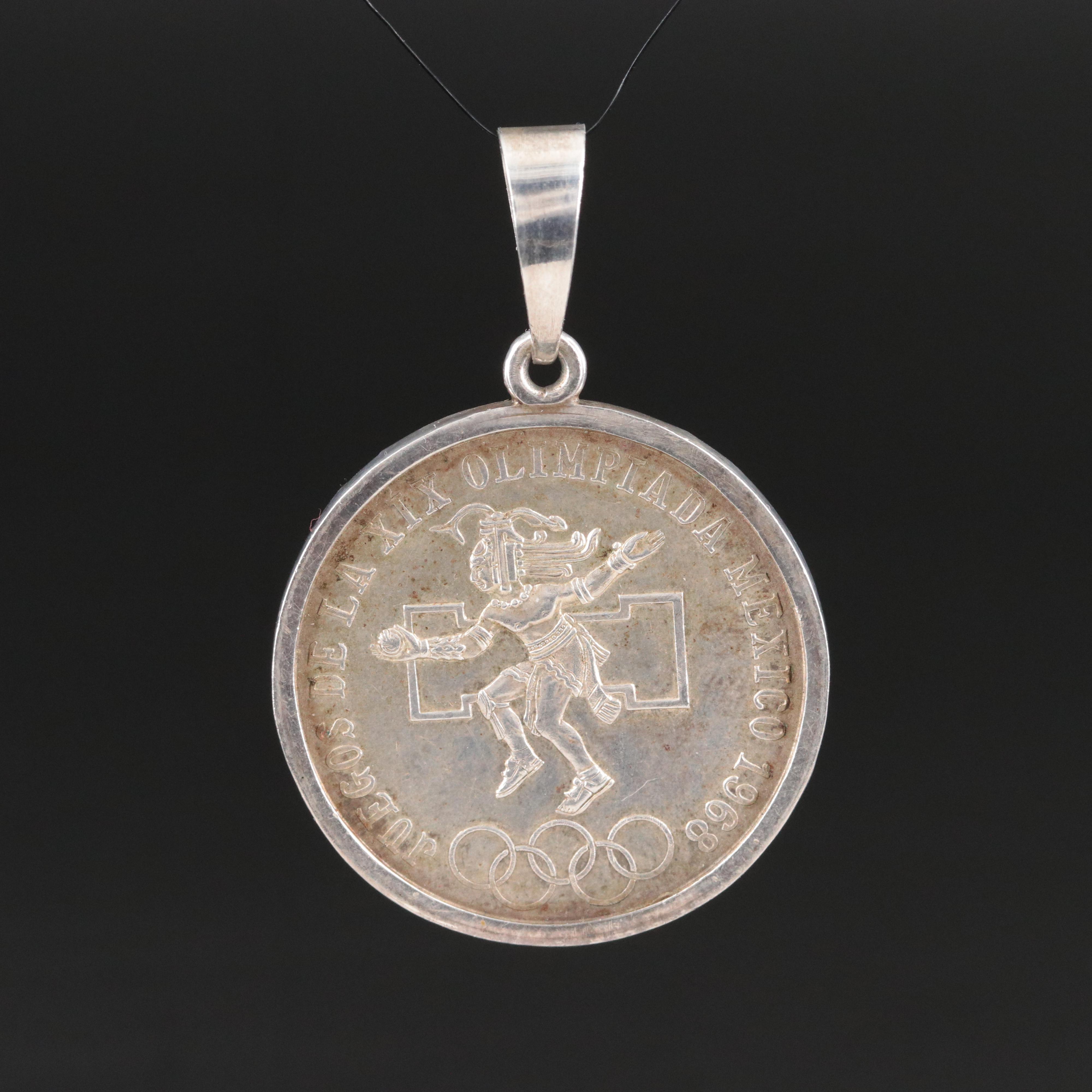 Sterling Pendant with 1968 Mexico 25-Pesos Olympic Commemorative Coin