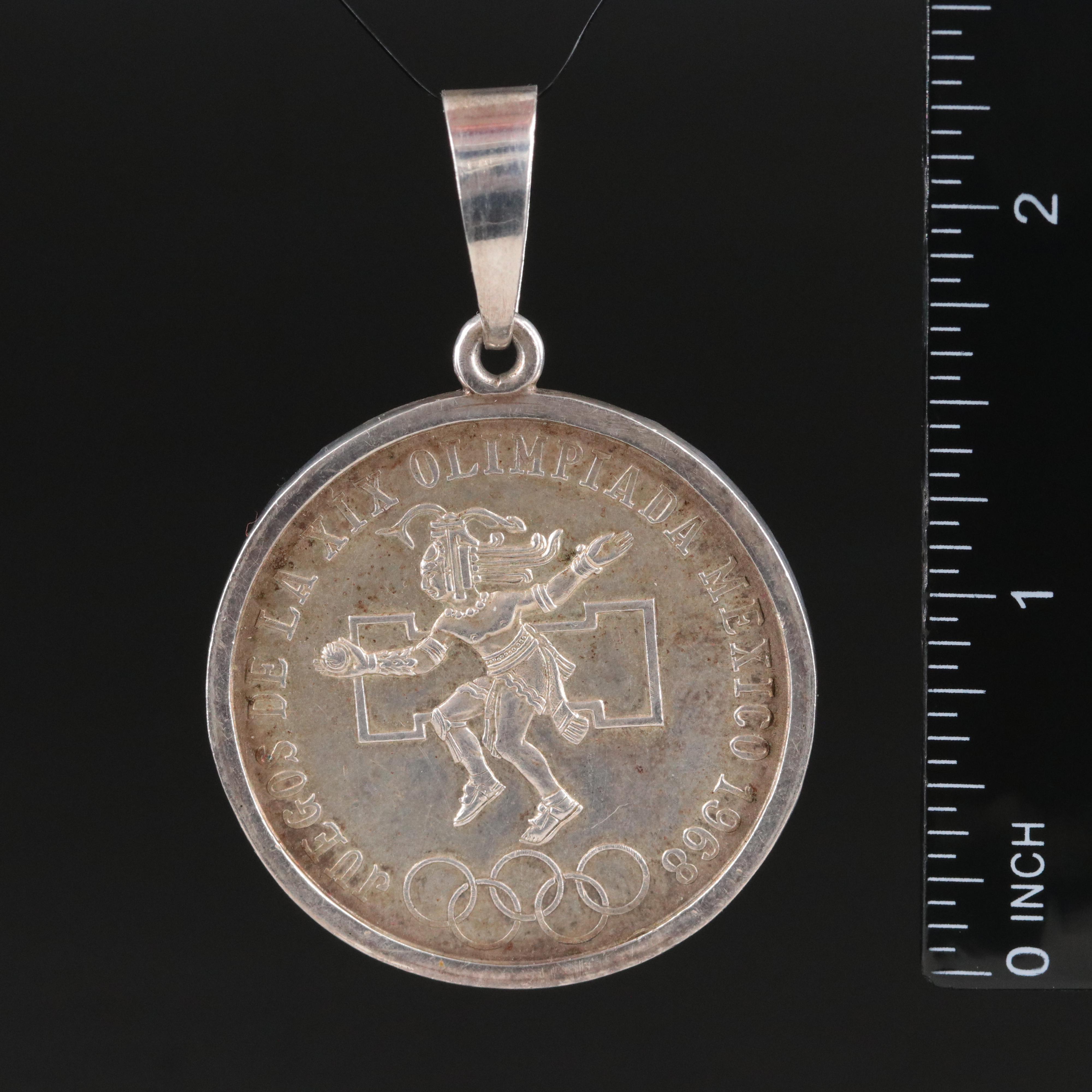 Sterling Pendant with 1968 Mexico 25-Pesos Olympic Commemorative Coin
