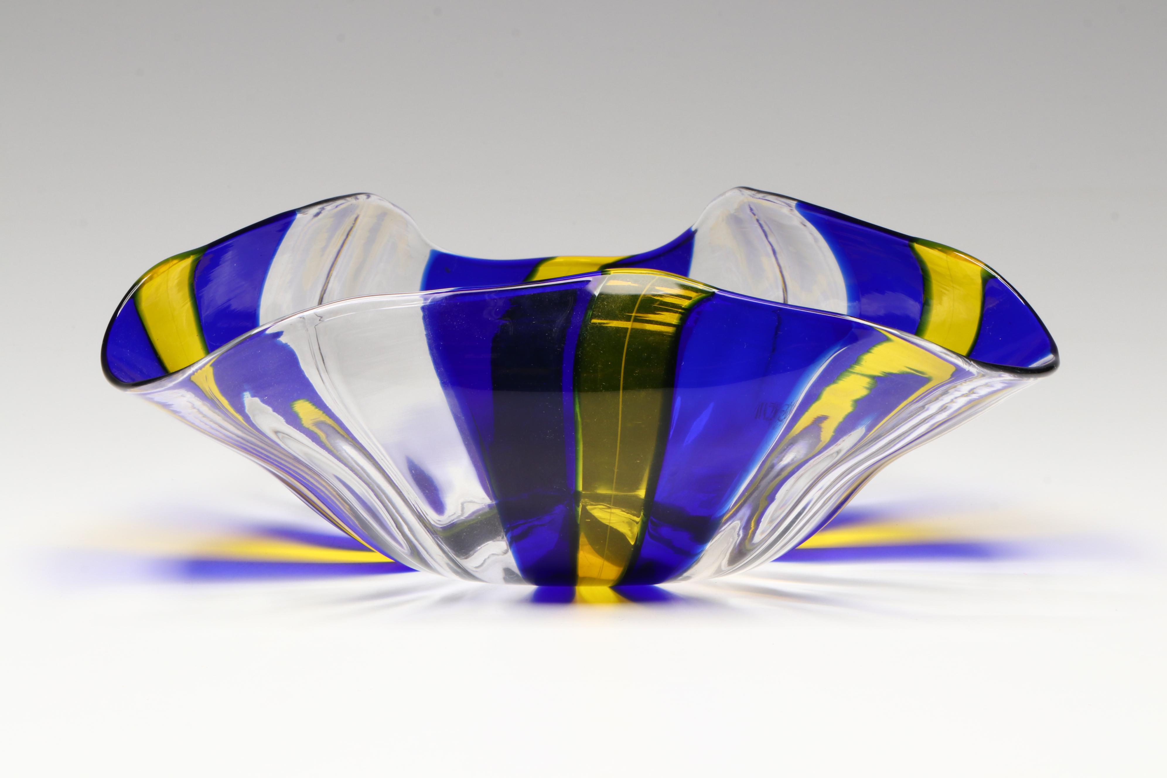 Oggetti Italian Blue and Yellow Striped Art Glass Bowl