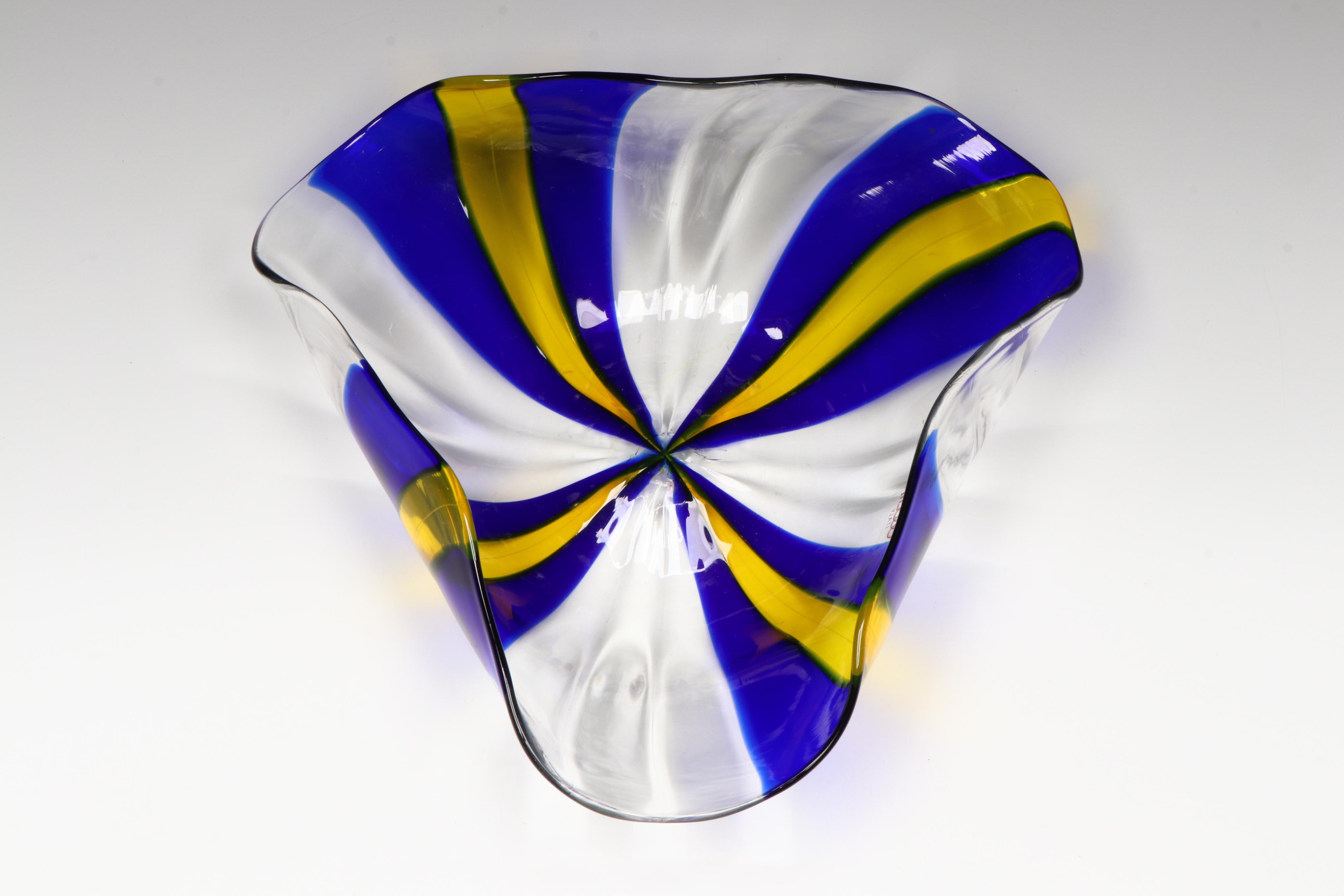 Oggetti Italian Blue and Yellow Striped Art Glass Bowl