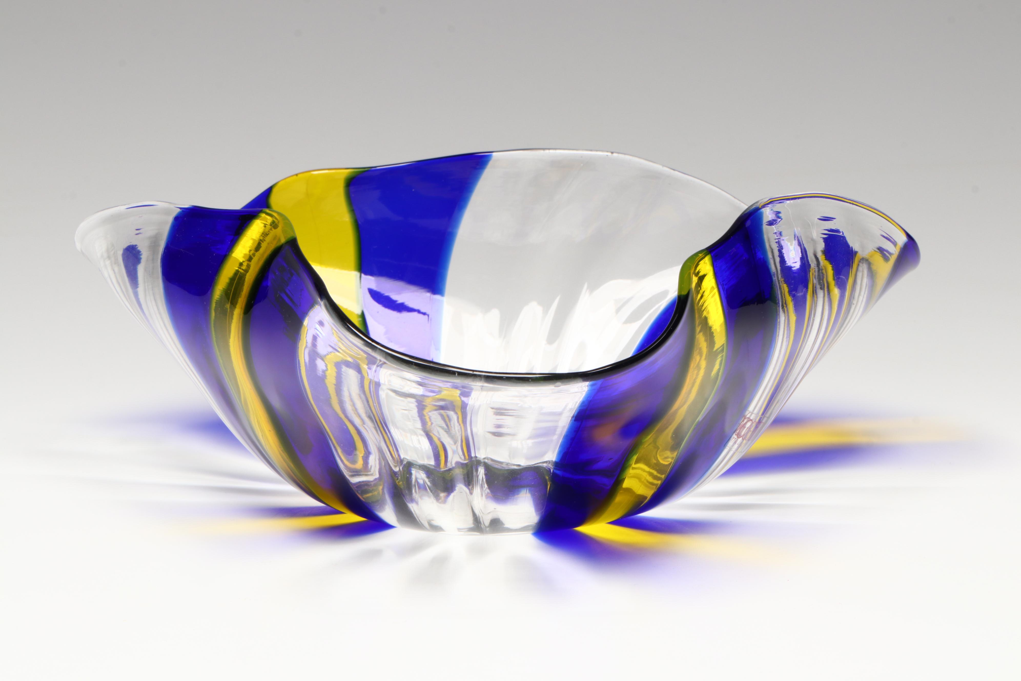 Oggetti Italian Blue and Yellow Striped Art Glass Bowl