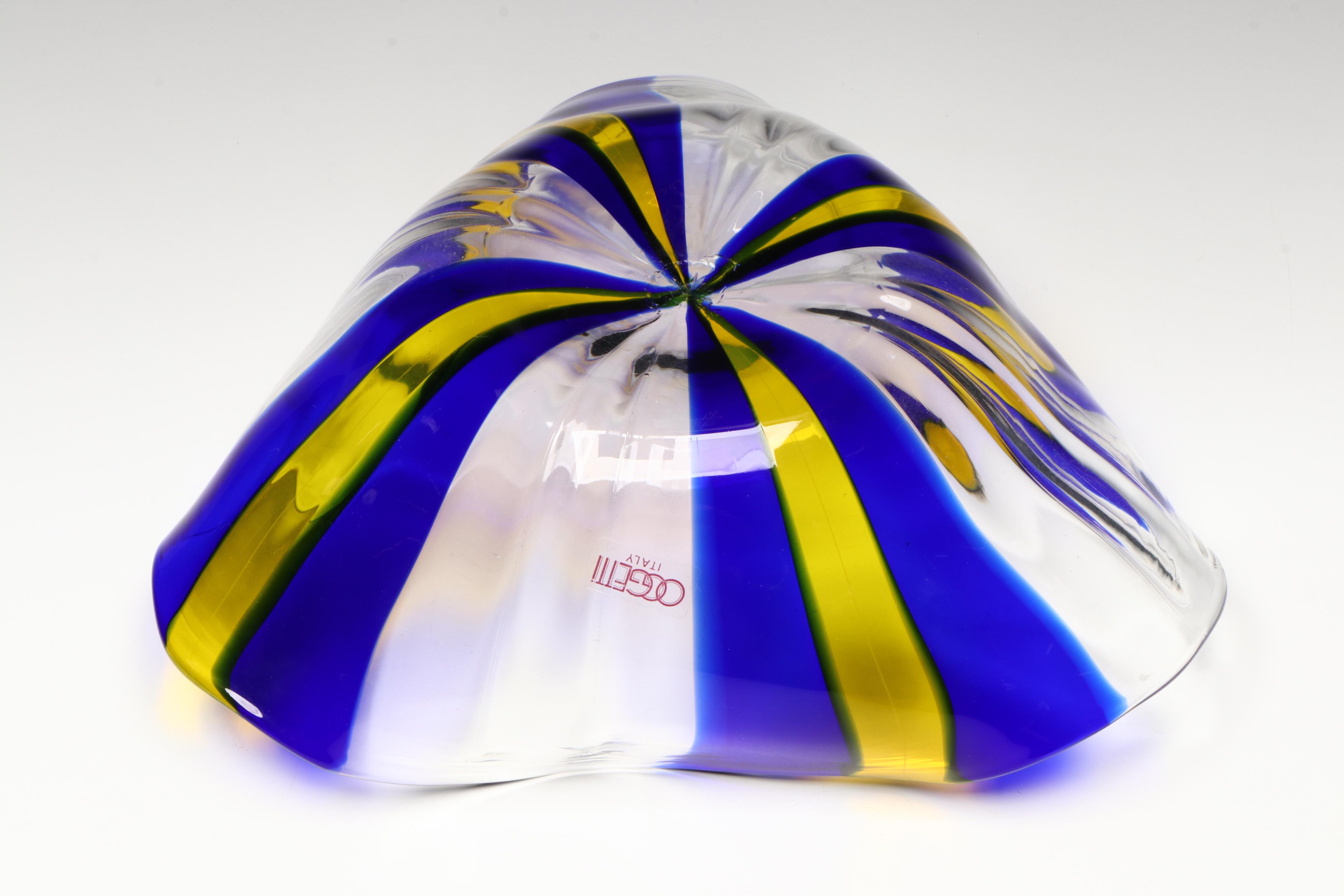 Oggetti Italian Blue and Yellow Striped Art Glass Bowl