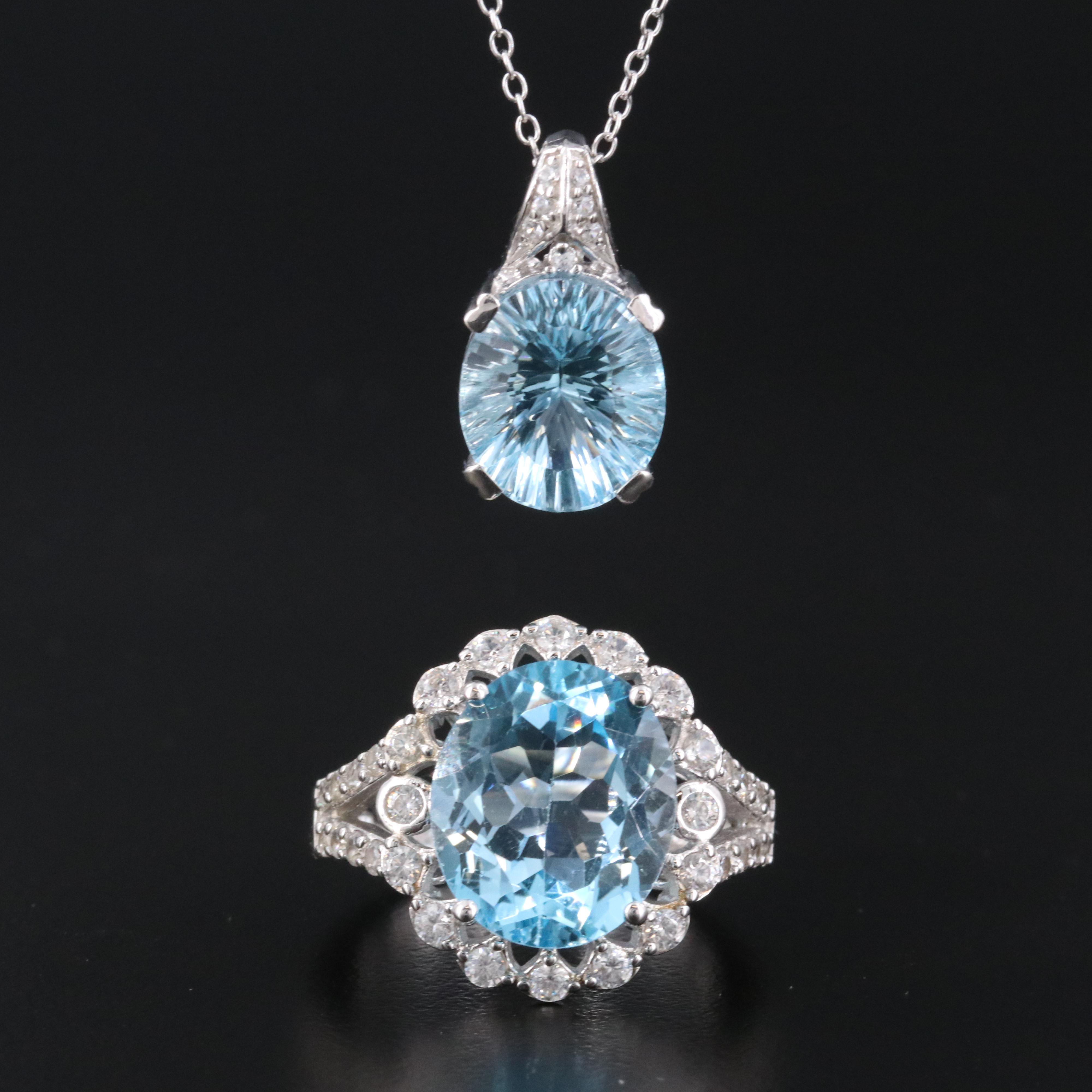 Sterling Blue Topaz and White Zircon Ring and Pendant Necklace